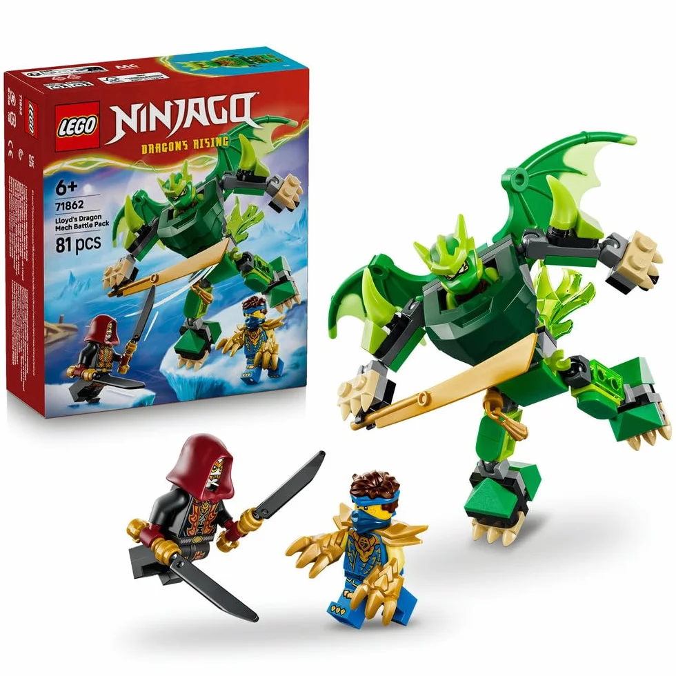 LEGO NINJAGO Smoczy mech Lloyda — zestaw bitewny, zabawka konstrukcyjna, klocki dla chłopca lub dziewczynki, ruchoma figurka mecha i trzy minifigurki ninja, prezent dla dziecka od 6 lat 71862