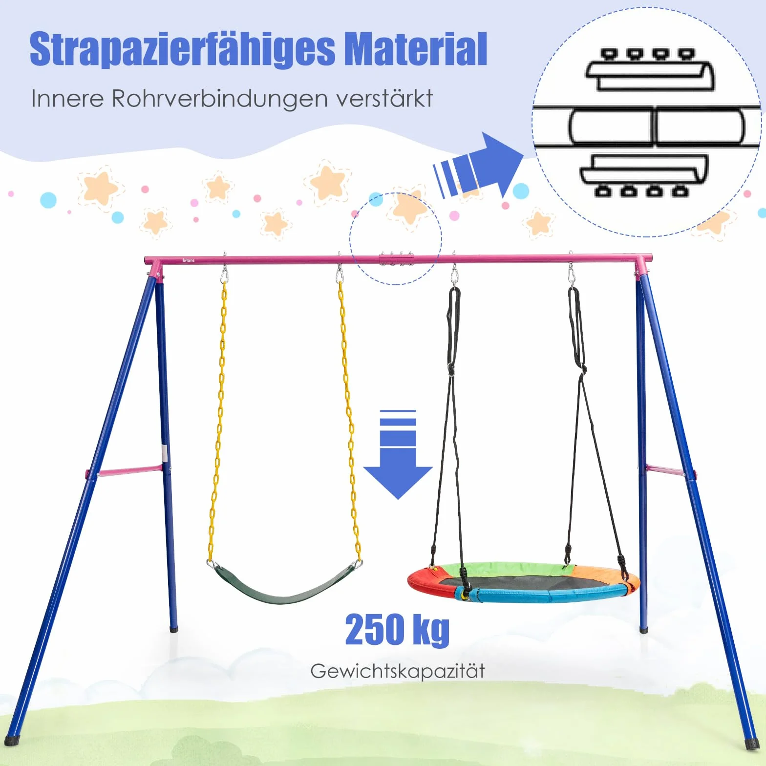 GOPLUS Stelaż na huśtawkę, do użytku na zewnątrz, z metalu, obciążenie do 250 kg, stelaż huśtawki dla dzieci z noskiem i karabińczykiem, stelaż do huśtawki gniazdowej i huśtawki siatkowej