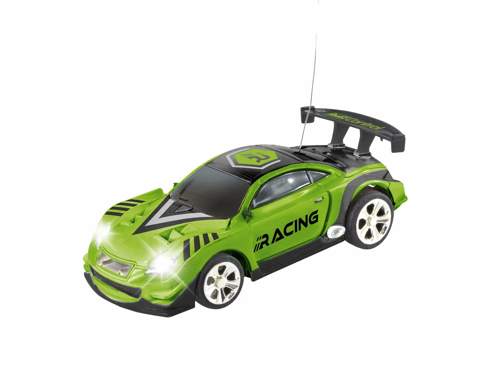 Revell Control 23560 Mini zdalnie sterowany samochód wyścigowy zielony, ze sterowaniem 40 MHz, w pojemniku na puszki, zawiera stożki drogowe, długość 8 cm