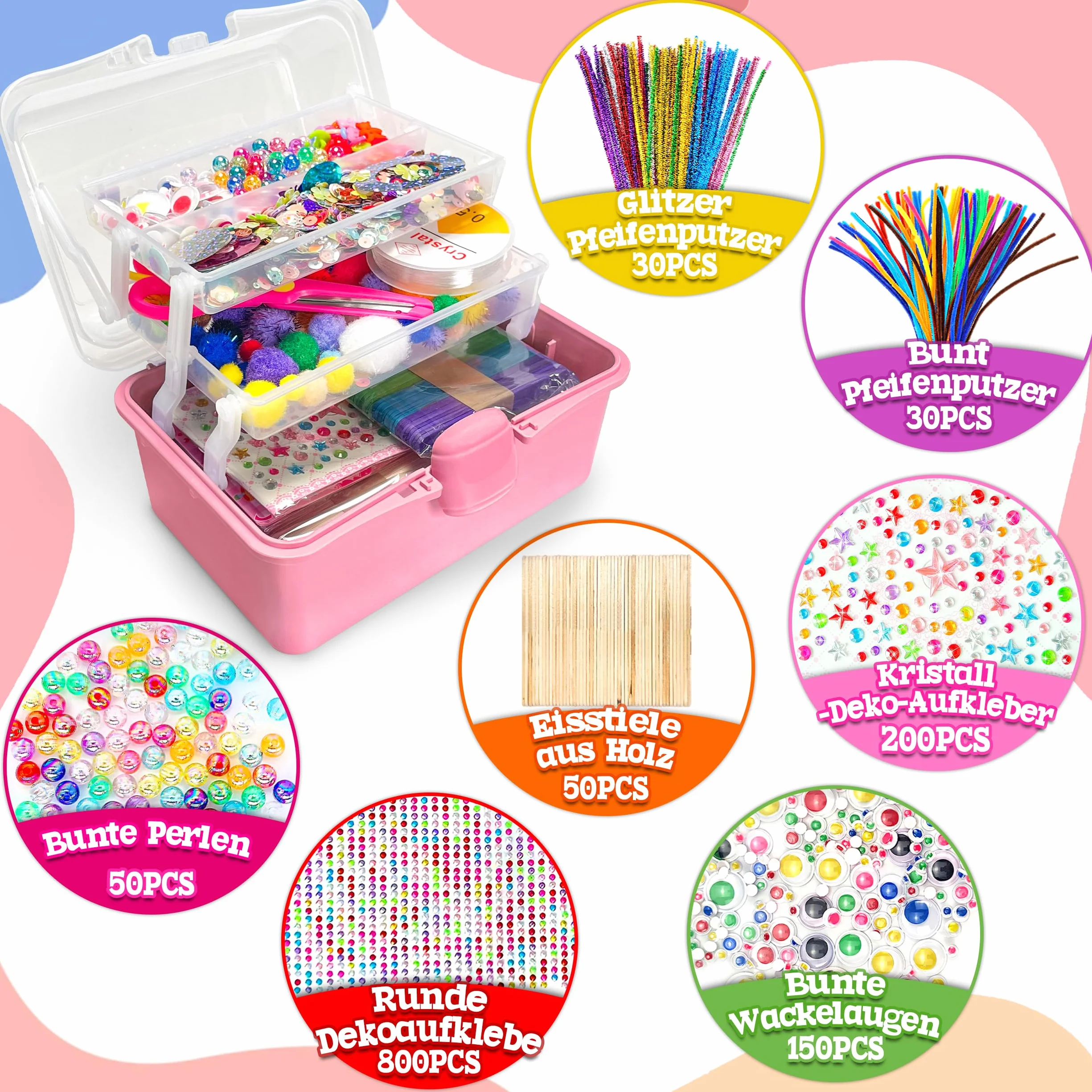 LINAYE Zestaw 2500 Sztuk do Majsterkowania, Walizka dla Dzieci, Materiały do Czyszczenia Fajek, Pomponów, Scrapbookingu, dla Chłopców i Dziewczynek