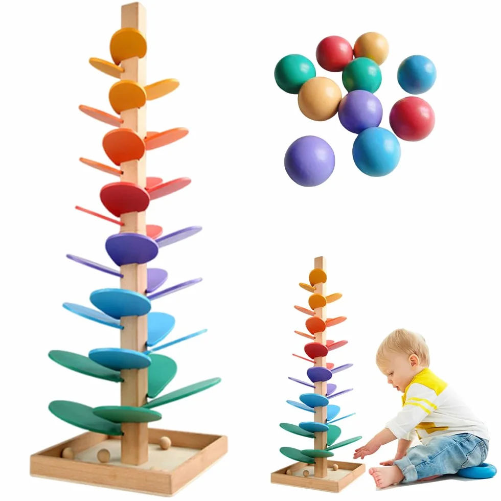 Drewniana wieża dźwiękowa, 72 cm, tęczowa kolejka dla kulek od 1 roku, duża kolejka kulkowa z 10 kulkami i 6 kolorowymi poziomami, Montessori tęczowa wieża drewniana