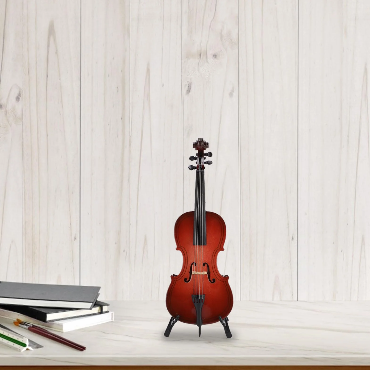 drewniany miniaturowy model wiolonczeli, model repliki instrumentu muzycznego z stojakiem bok case do lalki