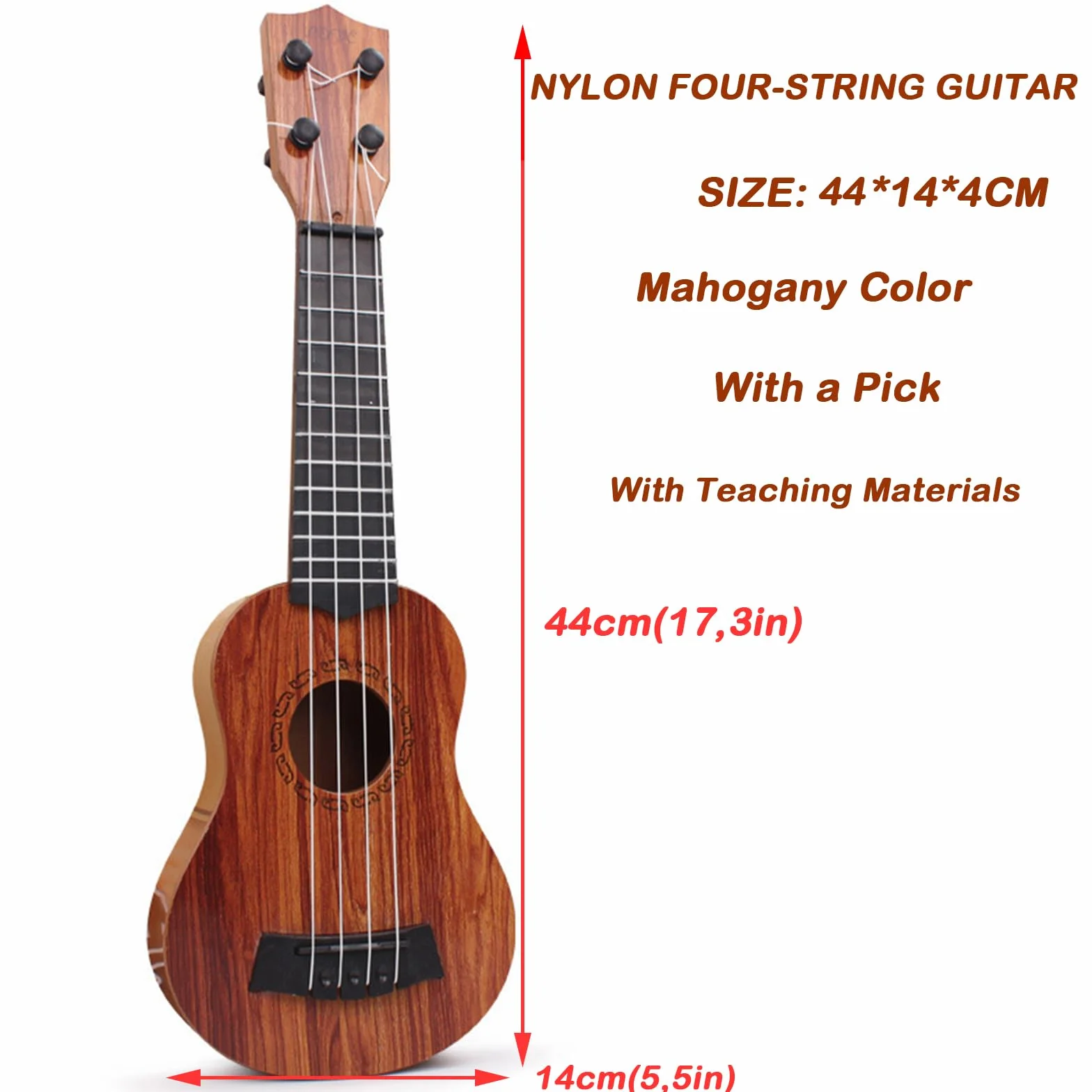 Gitara dziecięca z drewna, 44 cm, zabawka, gitara dla dzieci od 3 lat, z 4 regulowanymi bokami, dla małych dzieci, początkujących, chłopców, dziewcząt, instrumenty muzyczne