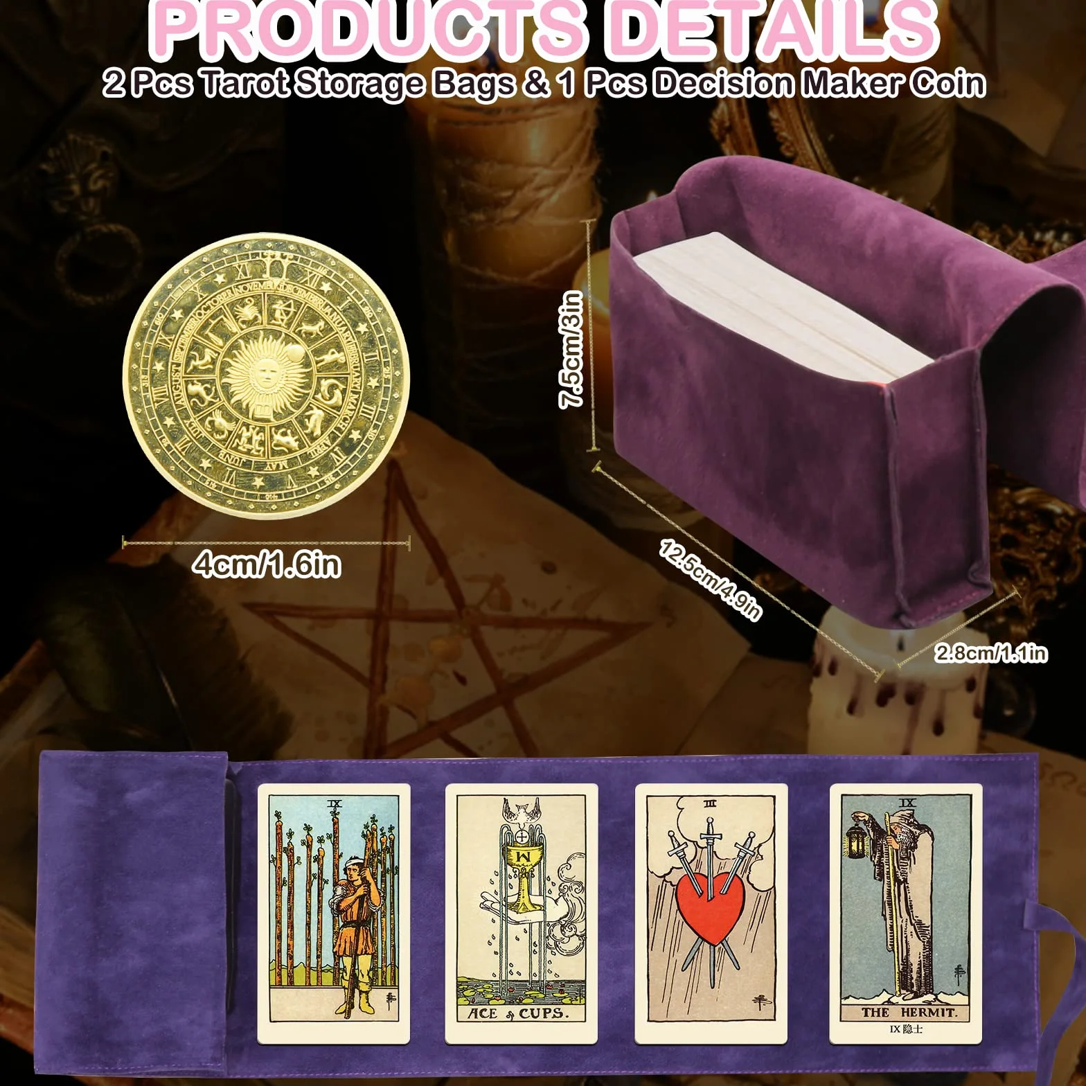 3 Szt. Etui na Karty Tarota: Aksamitne Pudełko, Monety Decyzyjne, Woreczki z Tkaniny, Etui na Karty do Gry, Talia Oracle, Akcesoria