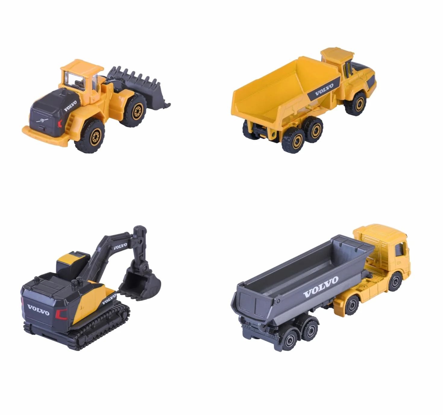 Majorette 212057287 VOLVO 4-częściowy zestaw prezentowy 4 pojazdy budowlane metalowe die cast: koparka, wywrotka, ciężarówka, spychacz - ładowarka, zabawa w piaskownicy dla dzieci od 3 lat