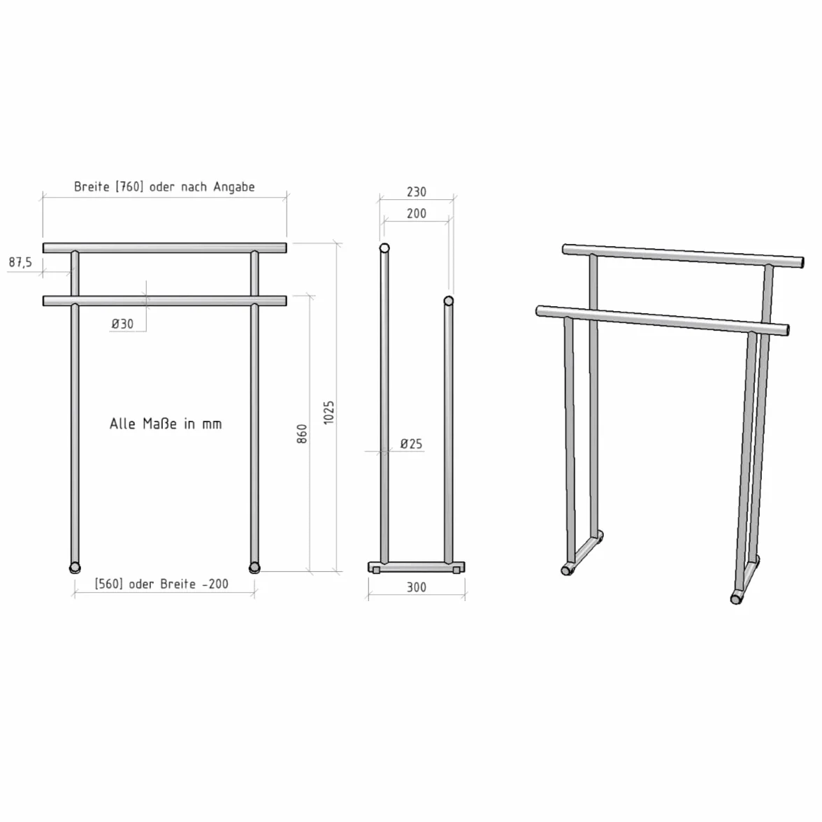 HISKA Masywny, stabilny wieszak na ręczniki ze stali nierdzewnej, wolnostojący wieszak na ręczniki, wys. x szer. x gł.: 86 x 76 x 32 cm lub w wybranej szerokości