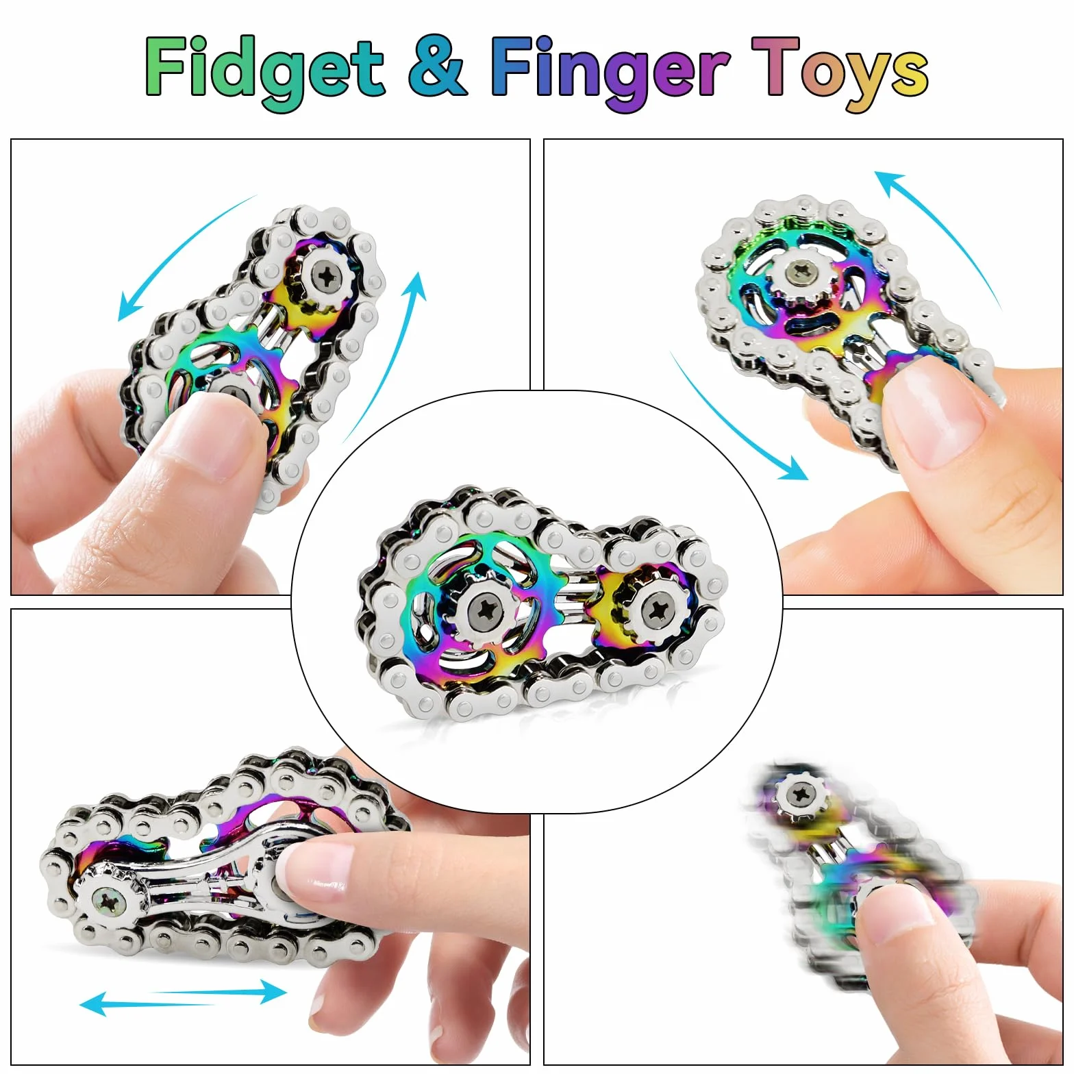 Metalowe zabawki typu fidget, zabawka fidget z łańcuchem rowerowym z 2 biegami, gadżety do redukcji lęku, ręczne spinnery dla dorosłych (srebrny + kolor)