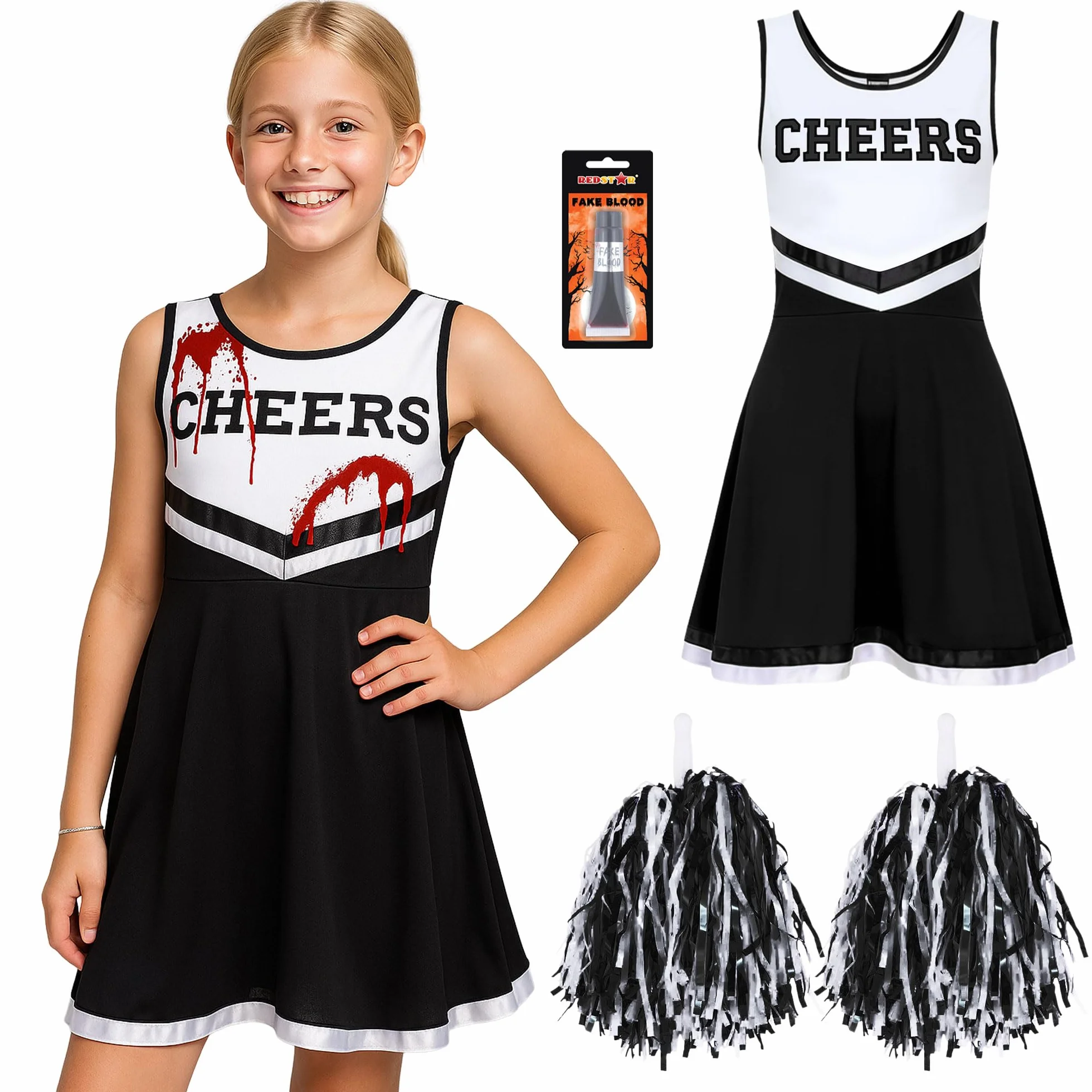 REDSTAR Dziewczyny Halloween Zombie Cheerleader Dead fantazyjny kostium dla dzieci uczennica upiorne dziecko zombie z tubą sztucznej krwi - kostiumy na Halloween imprezy