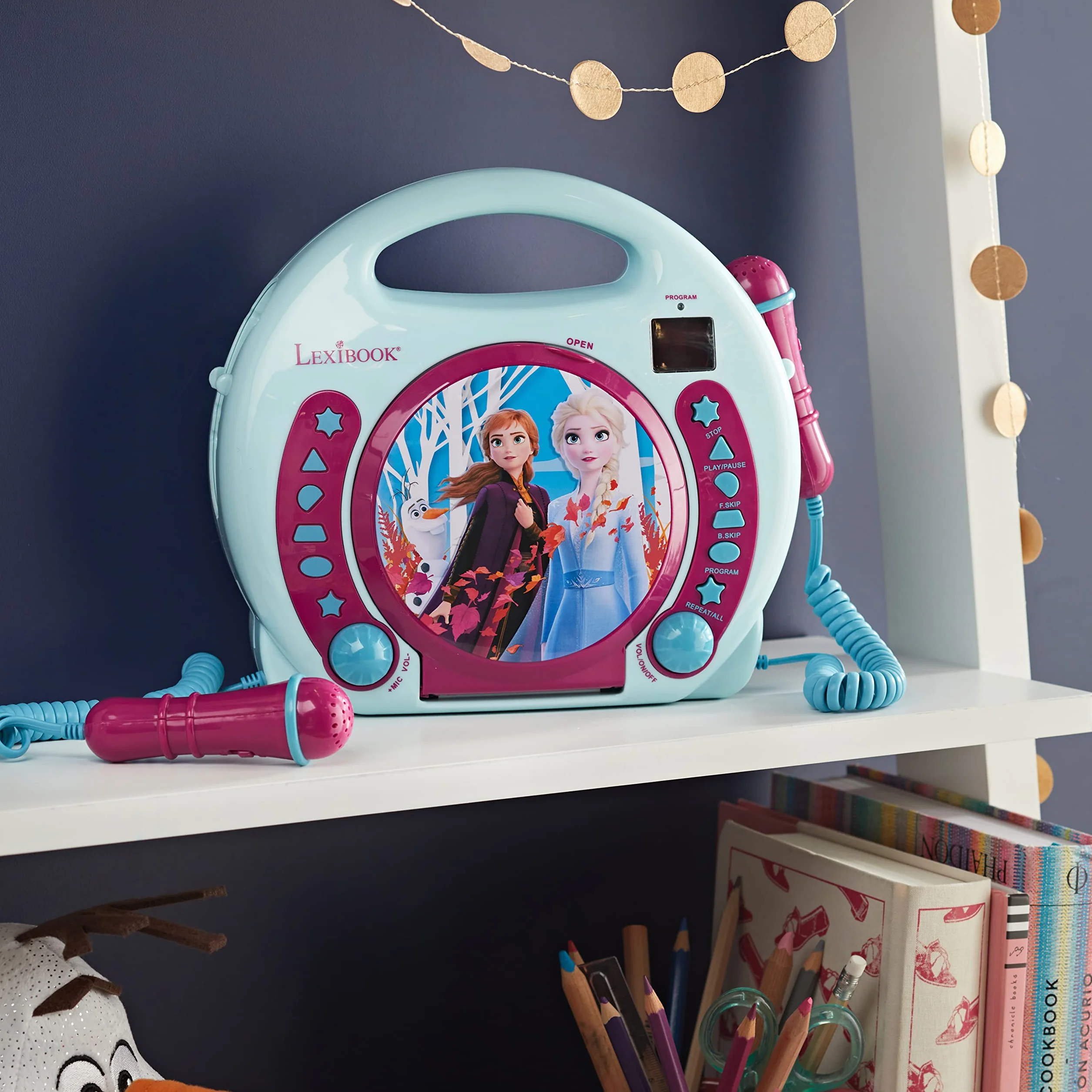Lexibook Disney Frozen 2, Elsa, Anna & Olaf, Odtwarzacz DC z Mikrofonami, Funkcja Programowania, Gniazdo Słuchawkowe, dla Dzieci, Zasilany Zasilaczem Lub Bateriami, Niebieski, Fioletowy, RCDK100FZ