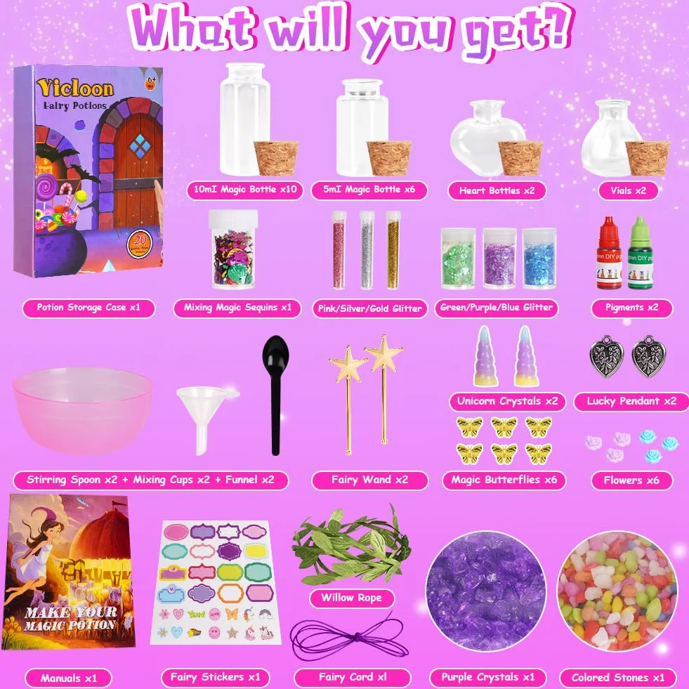 Vicloon Zestaw magicznych mikstur dla dzieci, kreatywny prezent DIY, zestawy magicznych mikstur zabawki rzemieślnicze prezenty dla dziewcząt magiczne mikstury zestaw do majsterkowania unikalne