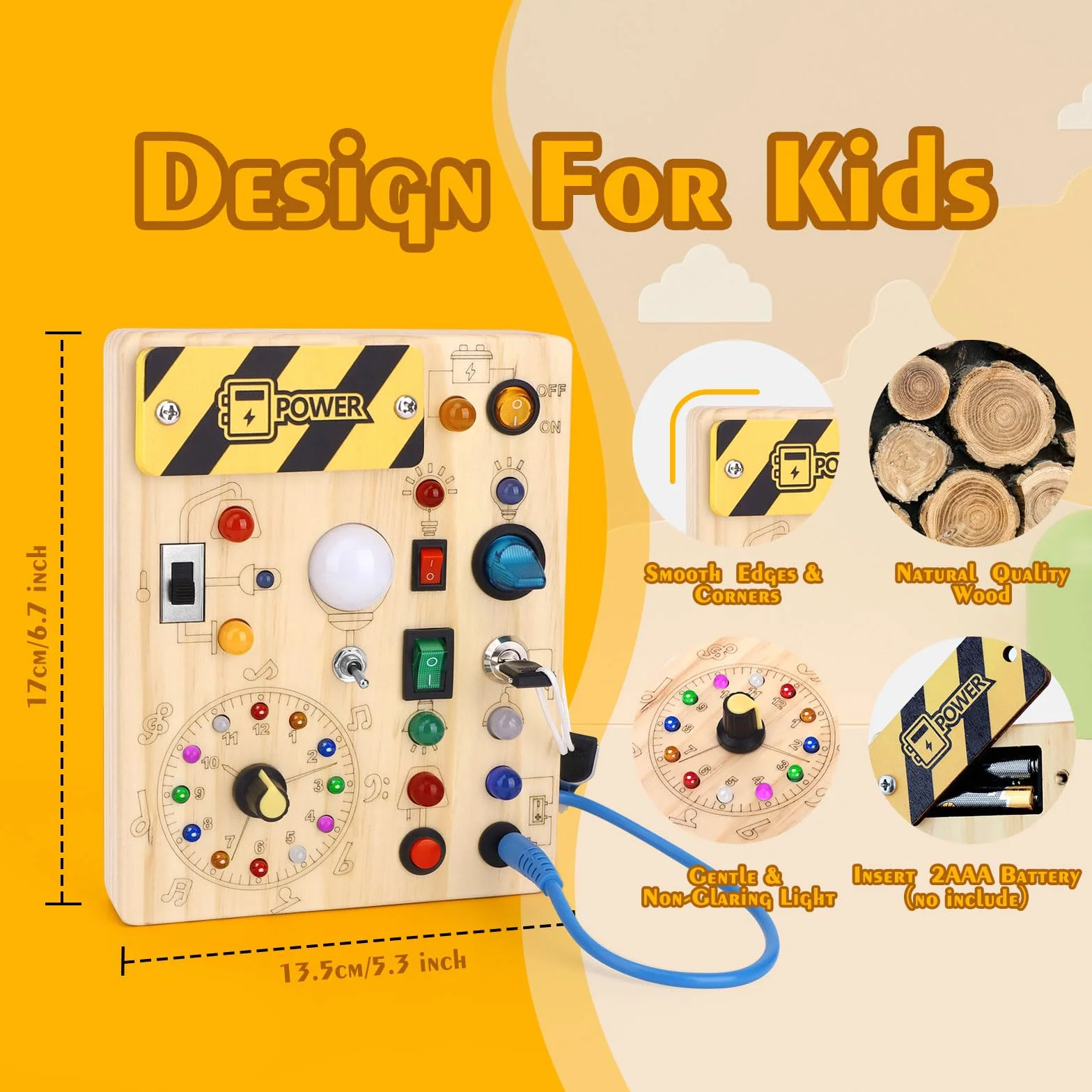 Montessori Busy Board – Drewniana tablica aktywności dla maluchów 1-3 lat, 10 przełączników, 23 diody LED, zabawki sensoryczne