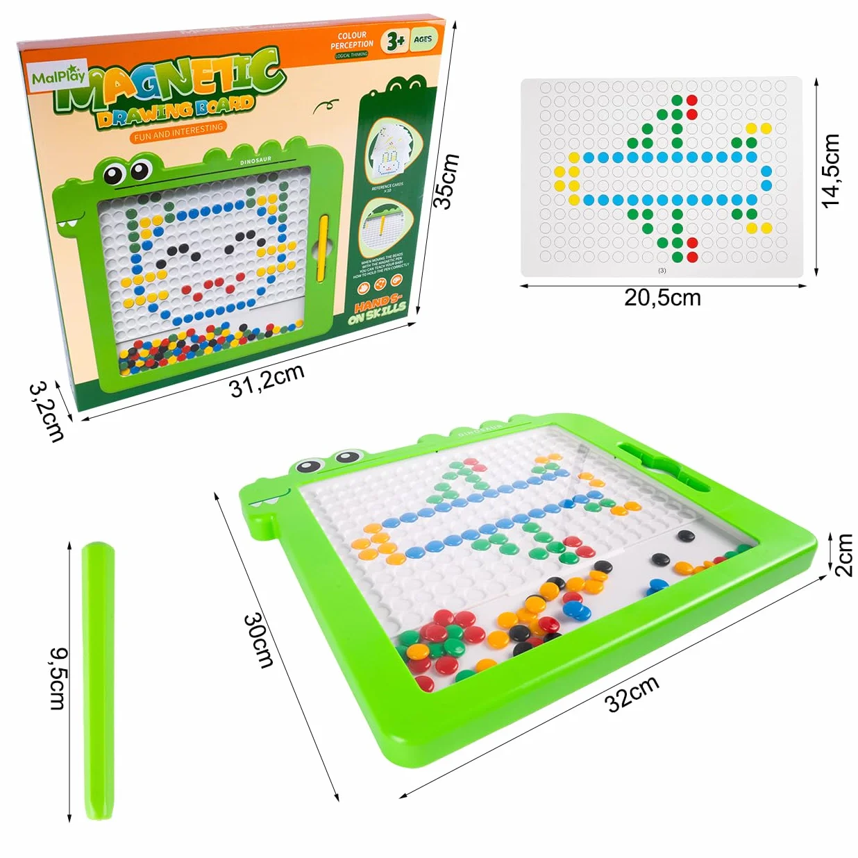 MalPlay Montessori tablica magnetyczna dla dzieci, koraliki mozaikowe, szablony puzzli dinozaurów, 20 różnych szablonów, od 3 lat, gra magnetyczna