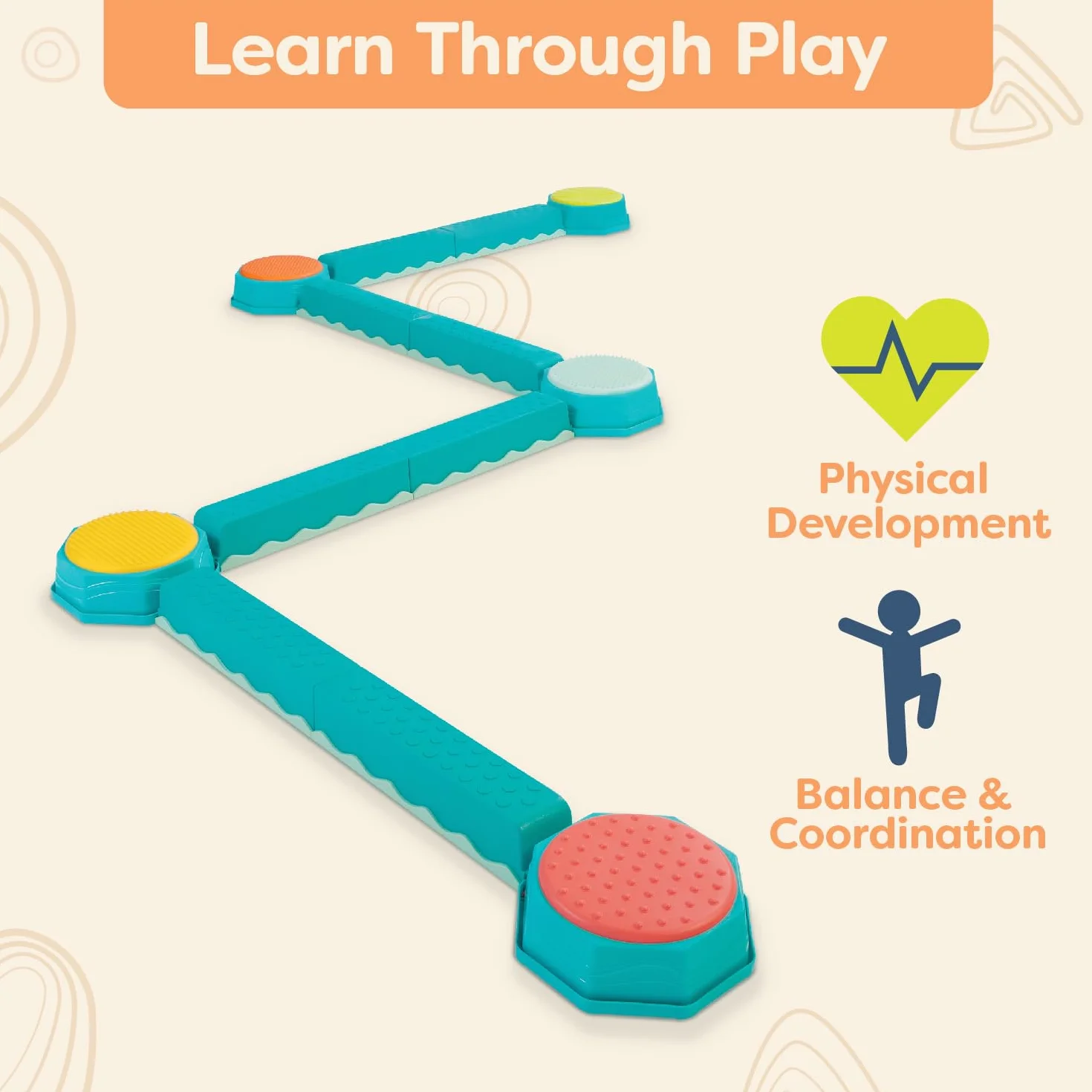B. toys Beam Interlocking Balancing 5 Sensory Pads & 8 Beams – Active Play for Maluch, Kids - 3 Years + - Balance & Build Set, Multicolor, BX2482DC1Z