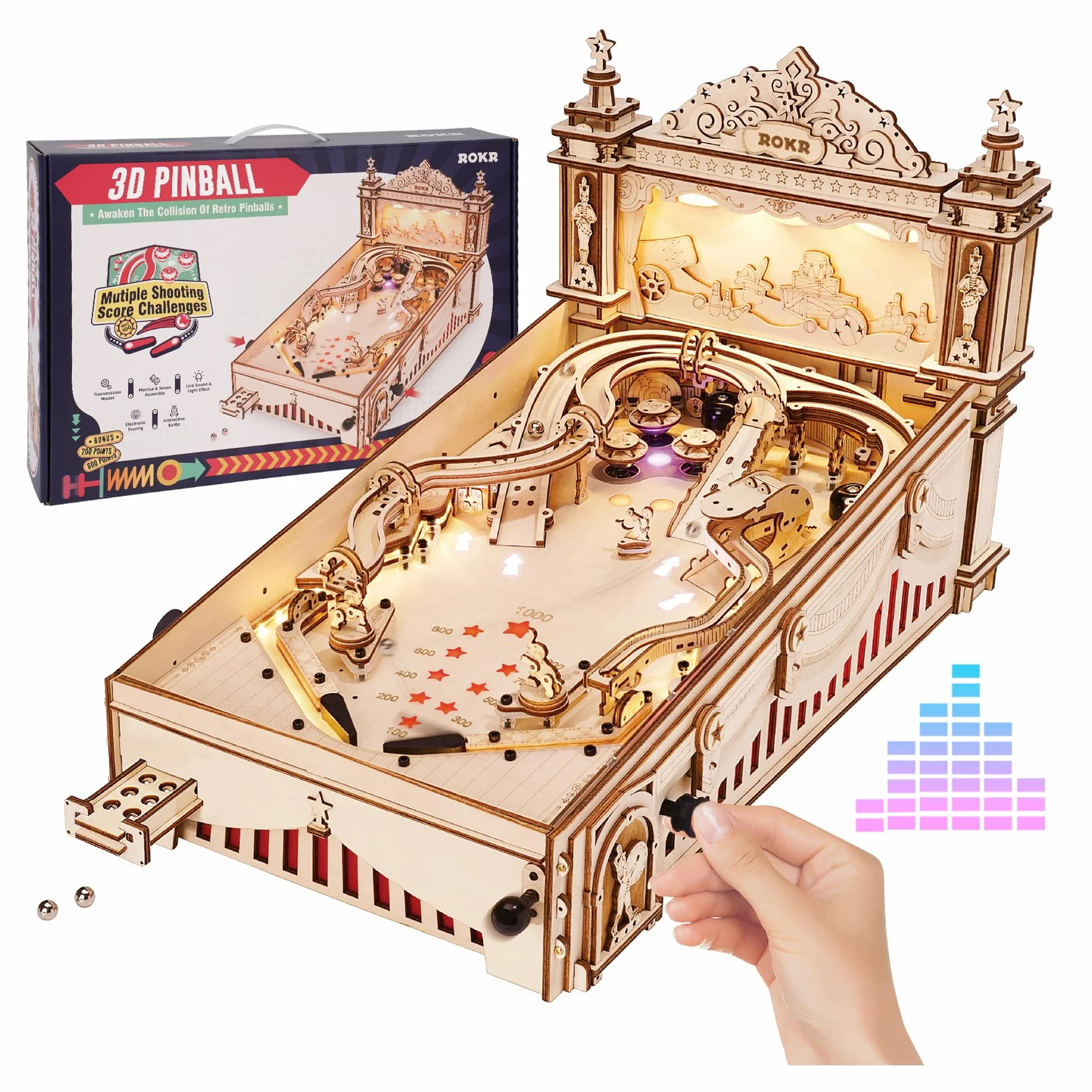 ROKR Miniaturowa maszyna do pinballa, drewniane puzzle 3D dla dorosłych - DIY zestawy modeli drewnianych dla dorosłych - zabawki prezenty dla dzieci w wieku 14 lat i starszych