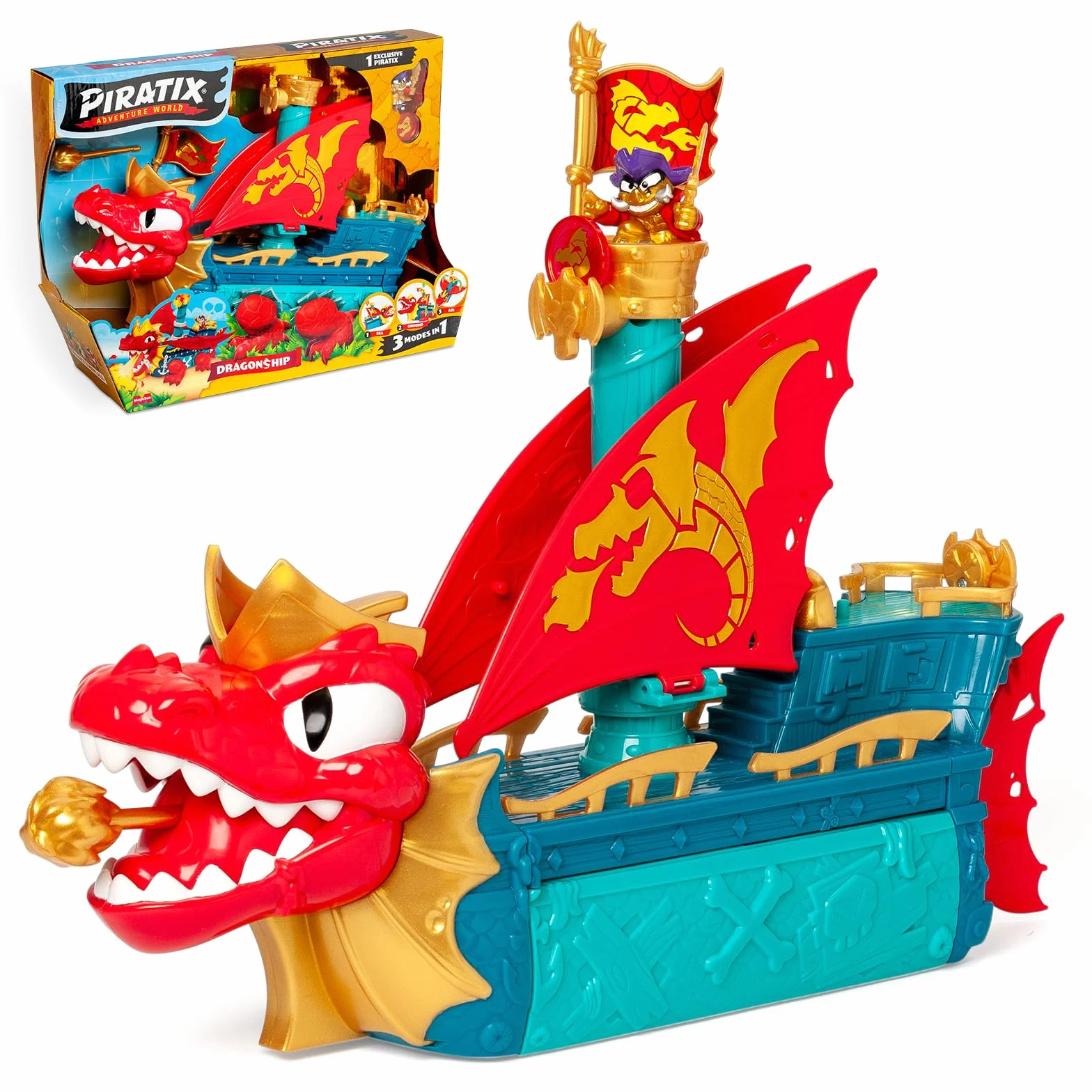 PIRATIX Dragon Ship – smoczy statek z Pyratix, 3 w 1: Ziemia, morze i powietrze. Zawiera 1 statek smoka, 1 ekskluzywny piratik, 1 ekskluzywny skarb, 1 flagę i 1 pocisk