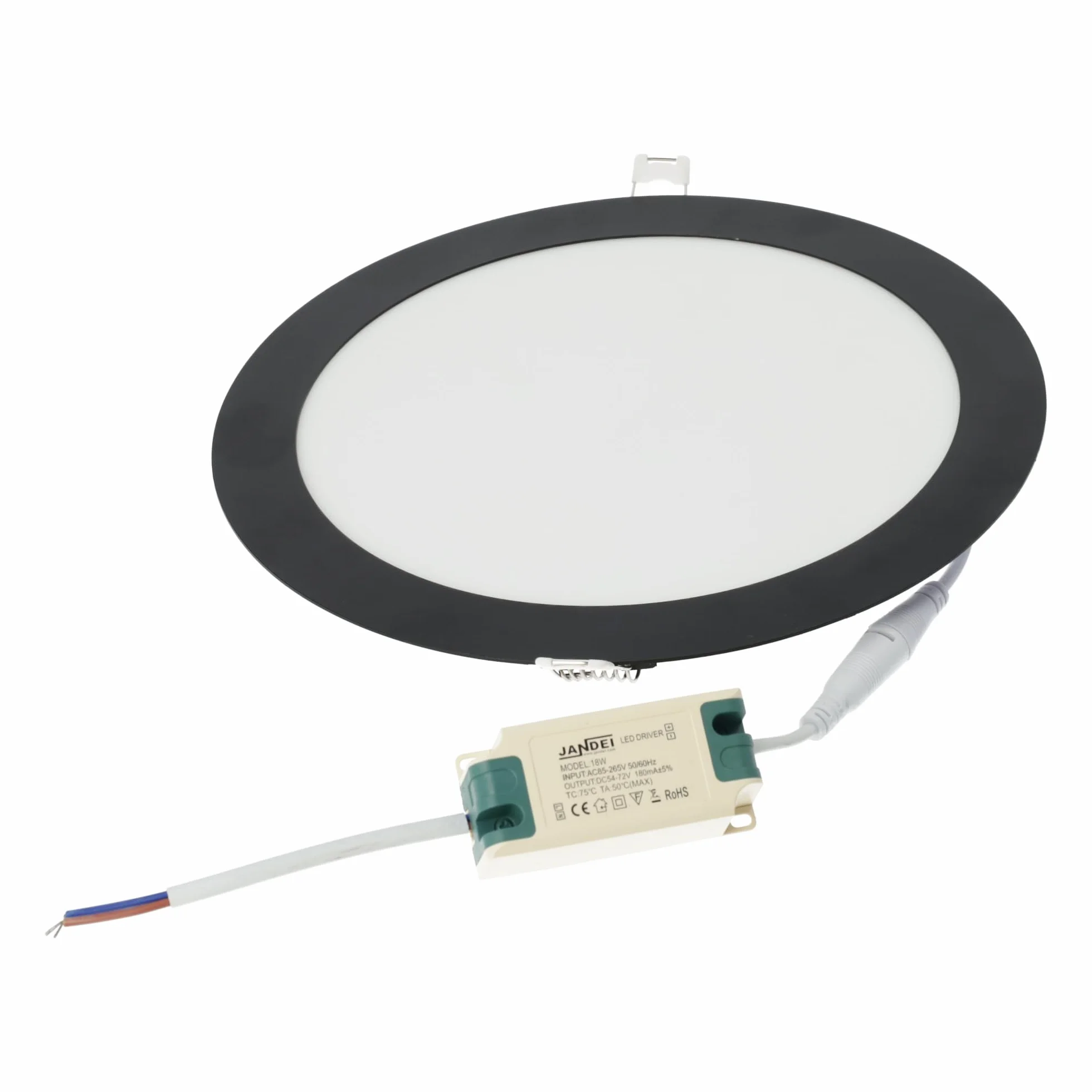 Jandei - LED Downlight 18 W okrągłe, wpuszczane mieszkanie, 1440 Lum, wnętrze IP20 z czarną ramą, puste cięcie Ø 200-Ø 205 mm, ekstra płaski 13 mm, transformator w zestawie (ciepła biel 3000k)