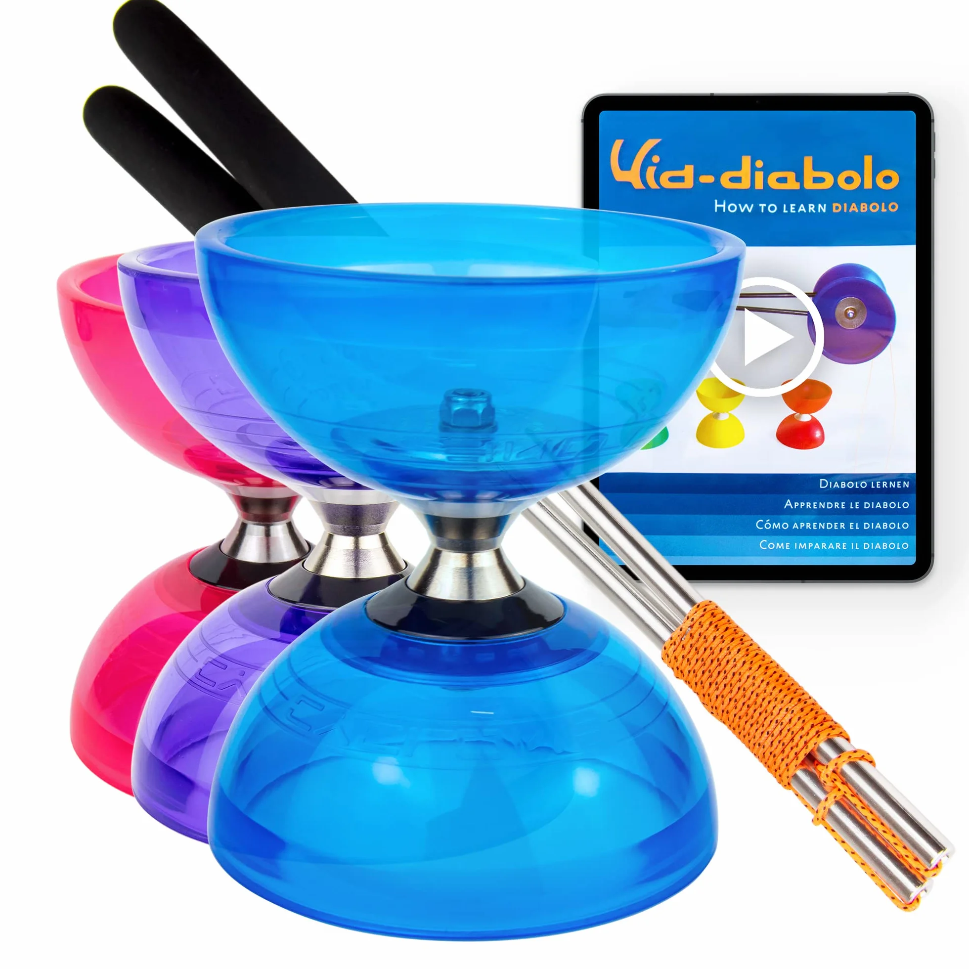 Juggle Dream Cyclone Quartz zestaw do żonglerki Diabolo – profesjonalny bieg z łożyskiem kulkowym, w zestawie aluminiowe pręty, film edukacyjny online – zabawka do żonglowania (niebieski)