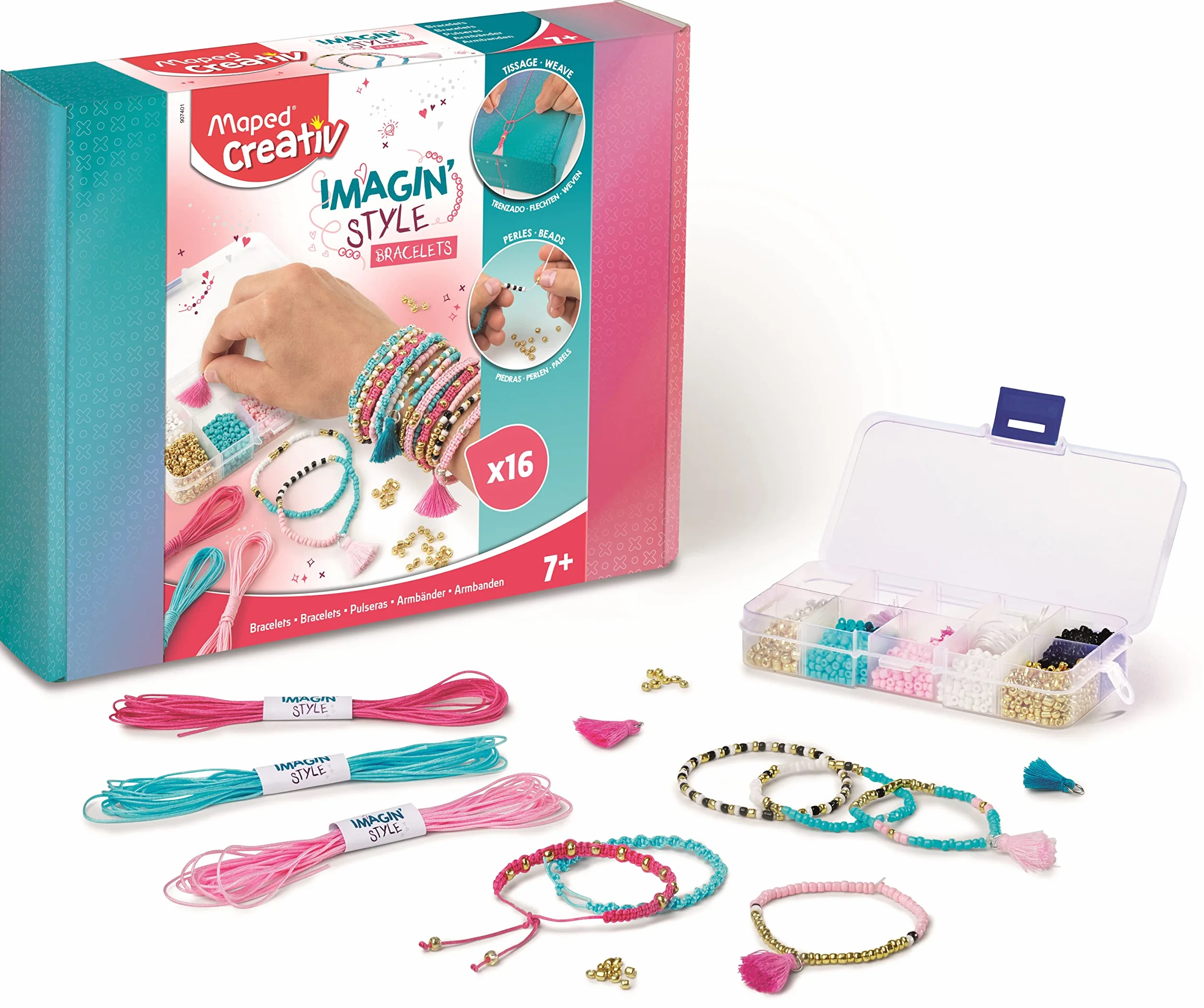 Maped CREATIV 907401 biżuteria do rękodzieła IMAGINE'STYLE-w zestawie z nićmi, cekinami, perłami, pomponami i pudełkiem do przechowywania, kolorowa, 1 zestaw