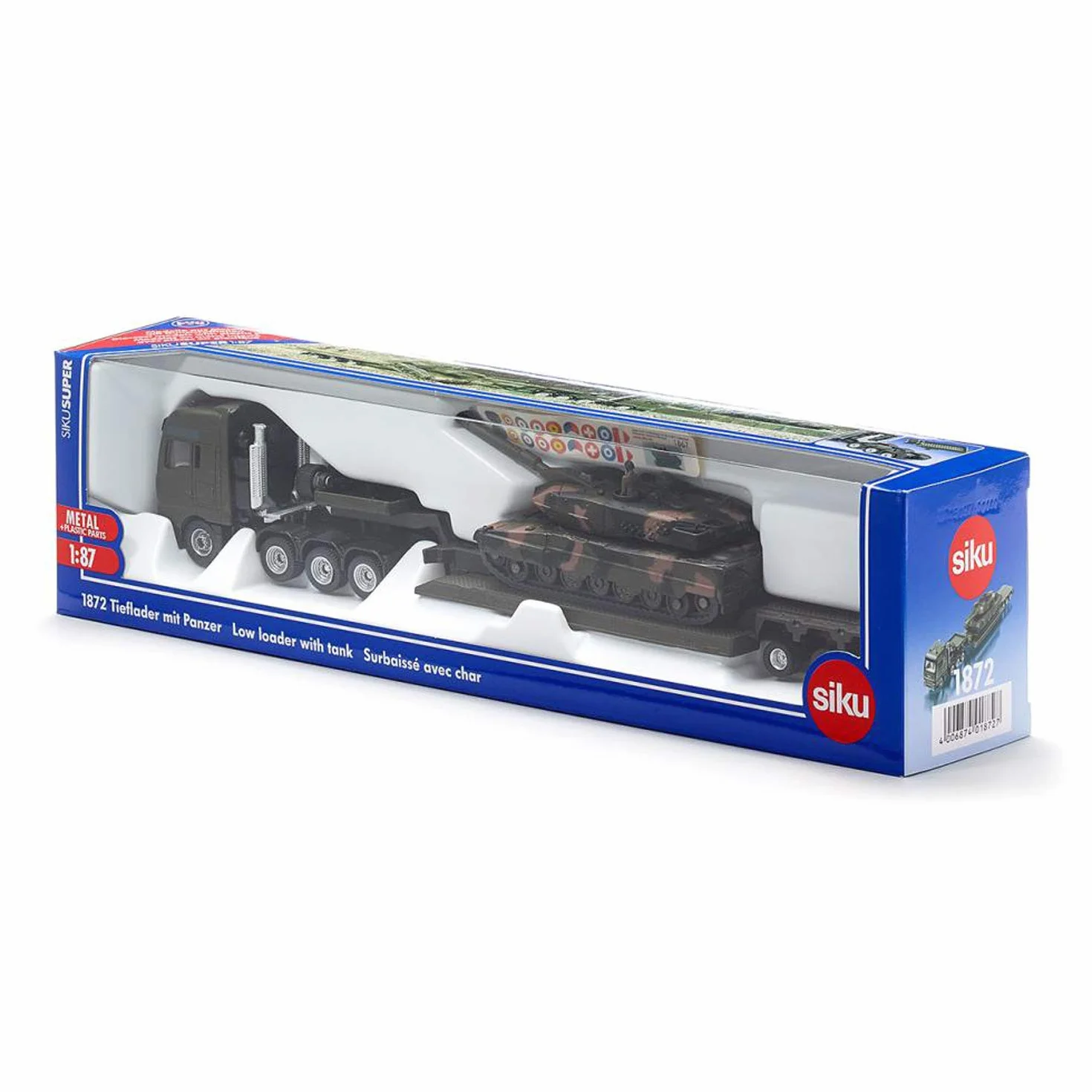 Siku 1872, Ciężarówka z czołgiem, Metal,Tworzywo sztuczne, 1:87, Odczepiana przyczepa, Zestaw naklejek, Zielony