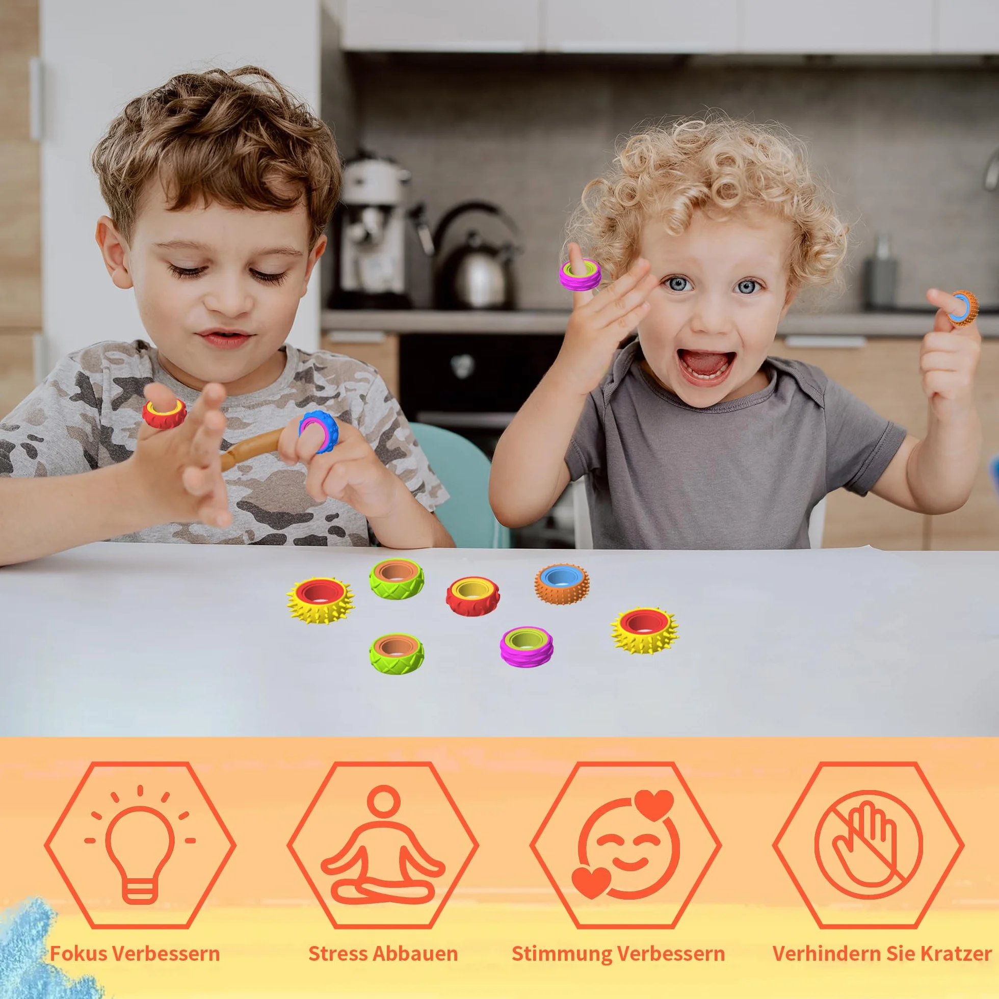 Zestaw 12 zabawek Fidget Ring dla dzieci i dorosłych, silikonowe pierścienie antystresowe, Fidget Spinner do pomocy przy ADHD, do akupresury, zabawki autystyczne, pierścienie do masażu palców