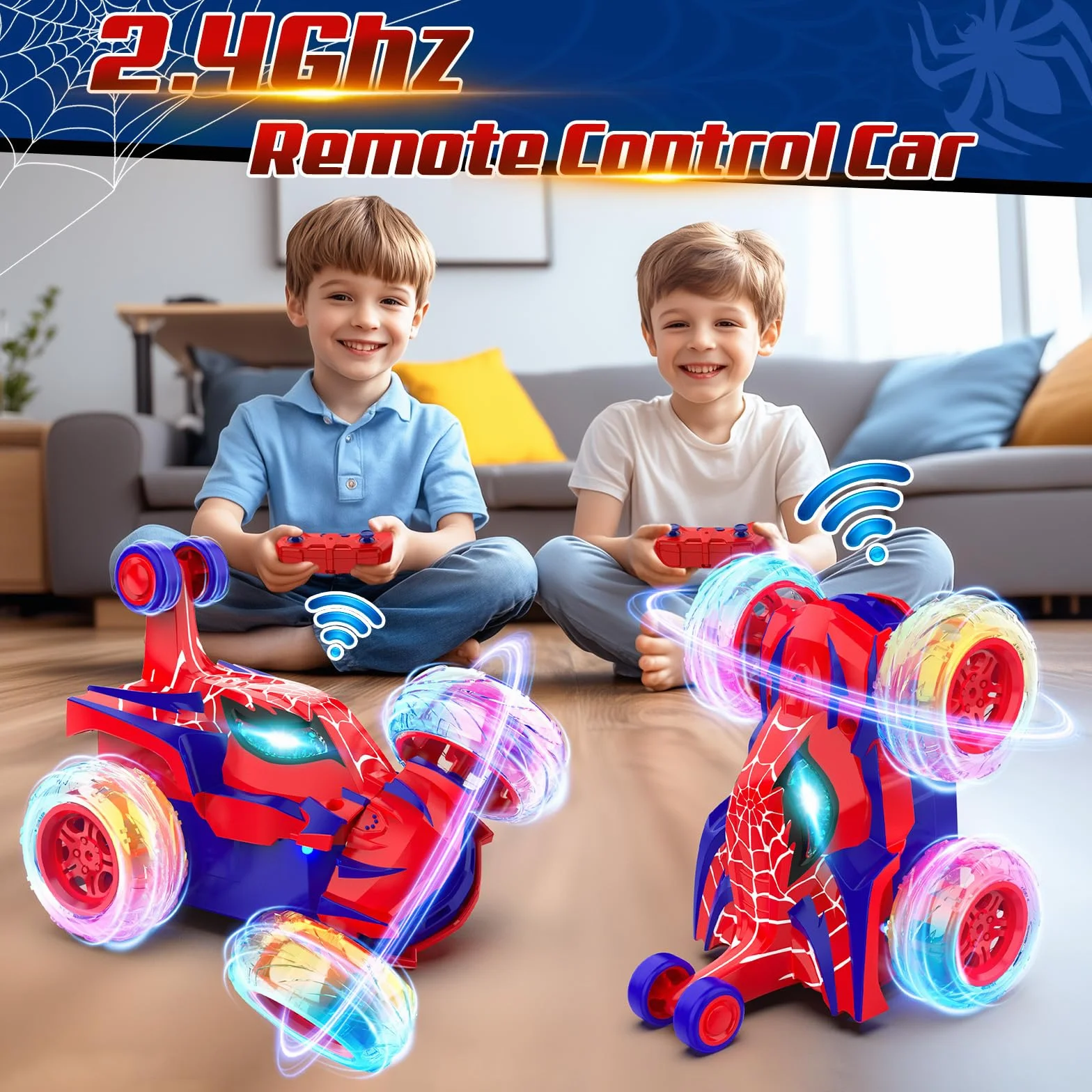 Samochód zdalnie sterowany pająk, sterowanie radiowe 2,4 GHz Monster Truck ze światłami RC samochody zabawki 3 4 5 6 7 8 9 10 lat, zdalnie sterowany samochód 360° urodziny dzieci prezenty świąteczne