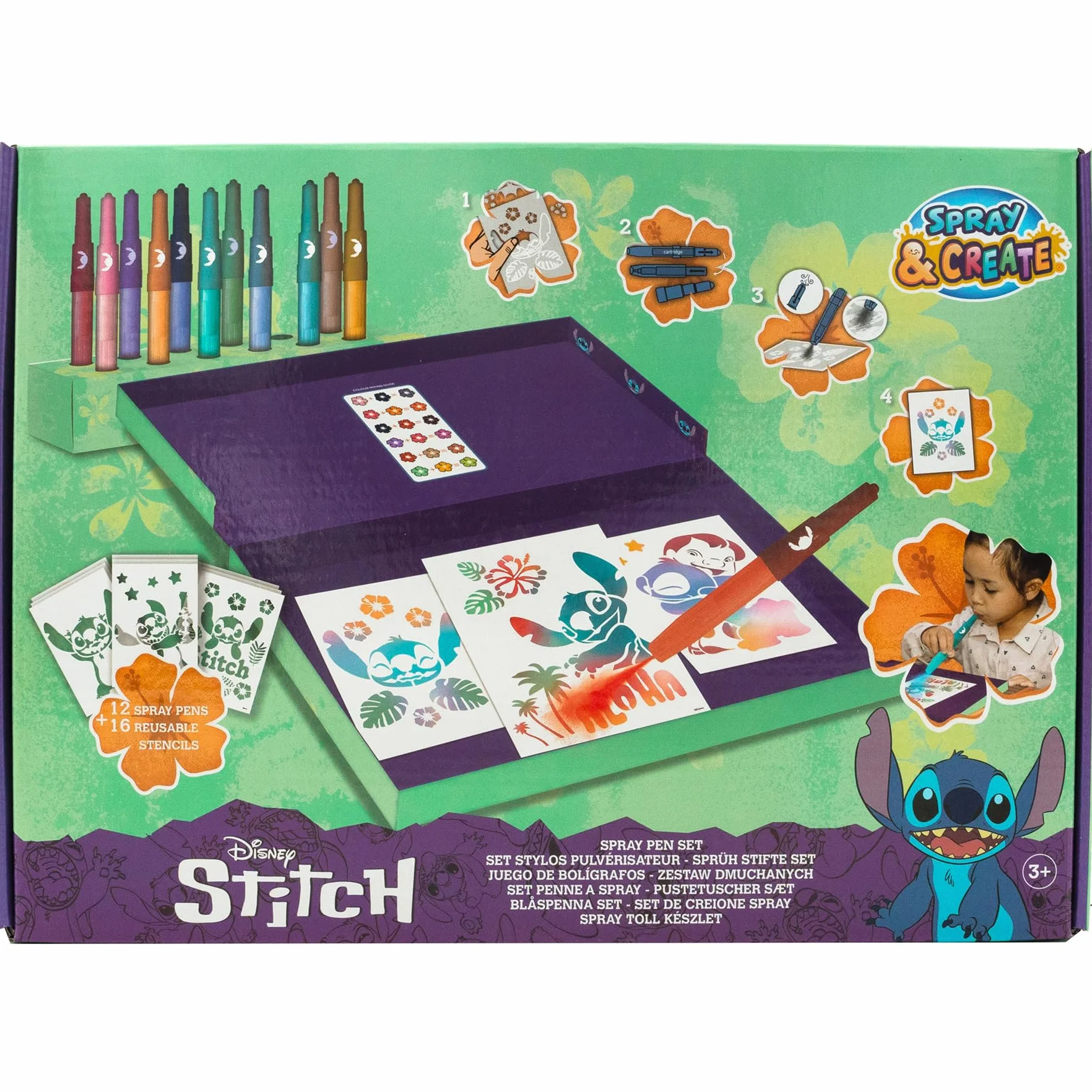 Disney - Lilo & Stitch - zestaw pisaków w sprayu na biurko - kredki dla dzieci - zestaw do malowania z kolorowymi kredkami i szablonami do malowania (ST23368)