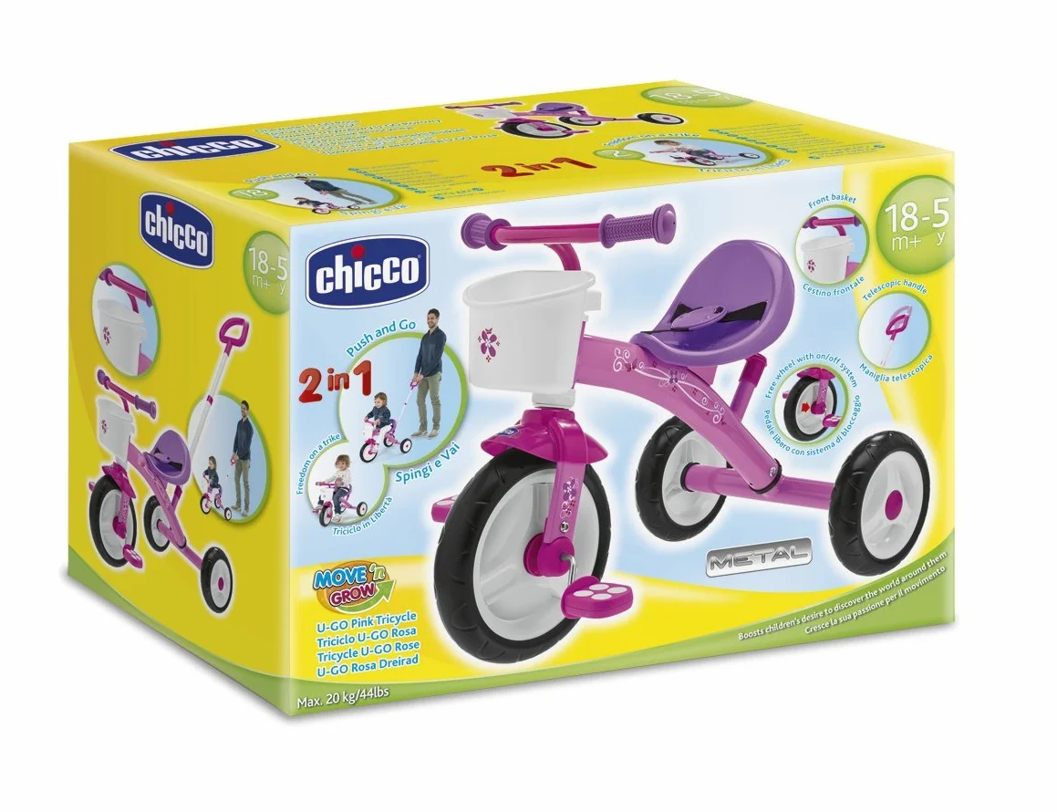 Chicco Dziecięcy Rowerek Trójkołowy U-GO 2w1, dla Dziewczynki i Chłopca, z Regulowaną Rączką, Pasem Bezpieczeństwa i Koszykiem do Przechowywania, maks. 20 kg - Zabawki dla Dzieci 18 m-5 lat