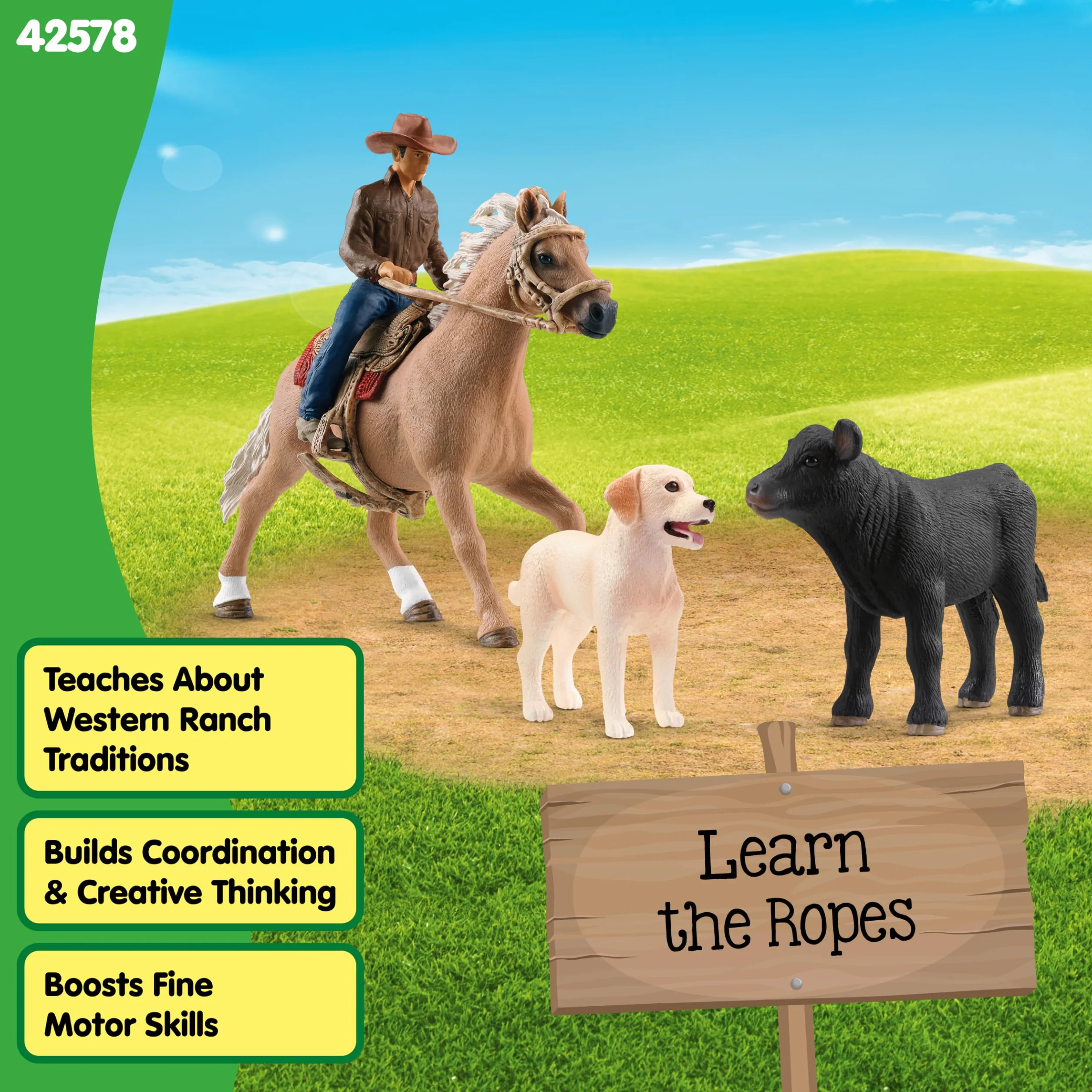 Schleich FARM WORLD Jazda westernowa 42578 zestaw farma z kowbojem, koniem, cielęciem i psem 6 elementów