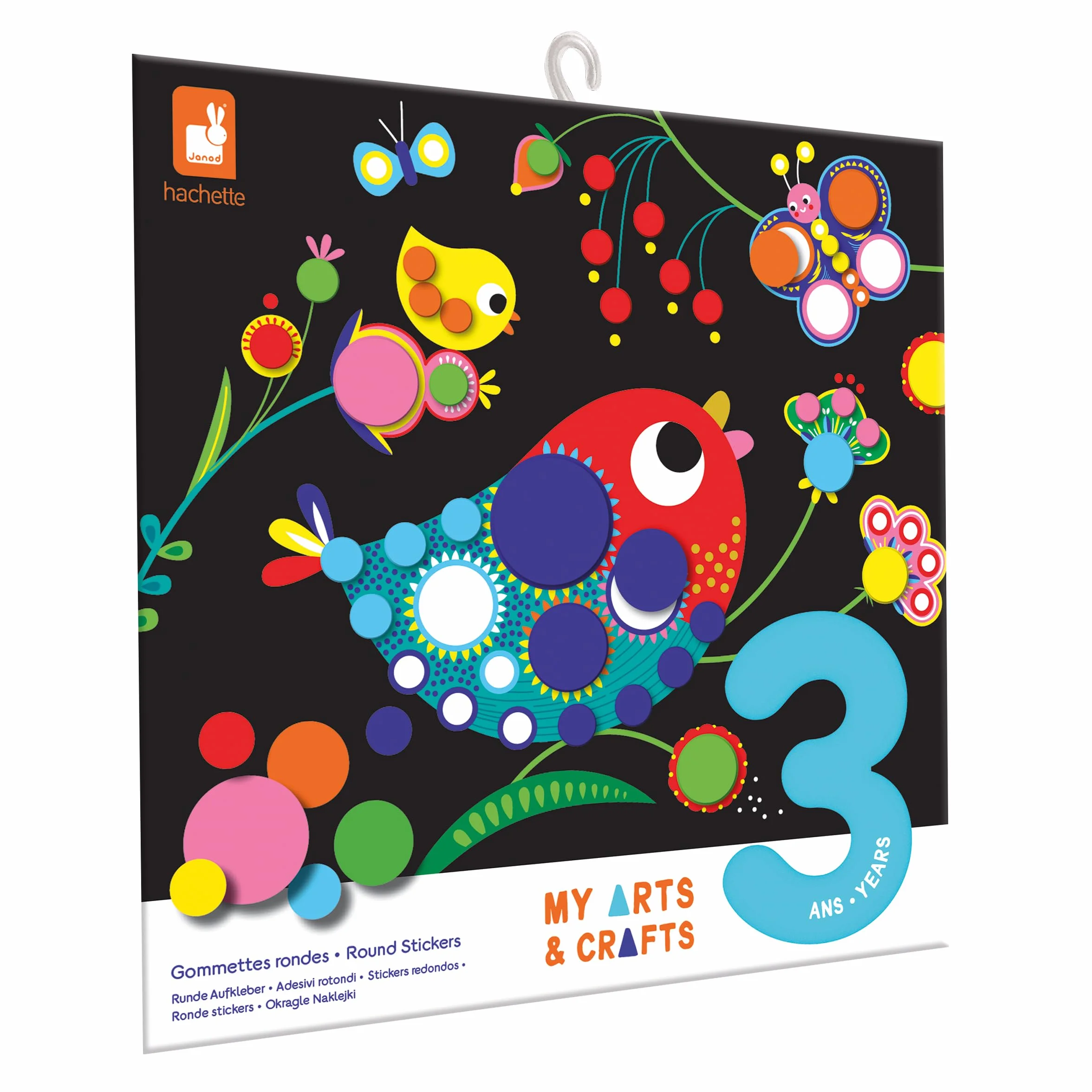 Janod - My Arts & Crafts - Od 3 lat - Okrągłe naklejki - 4 obrazy - Zestaw do kreatywnego spędzania wolnego czasu dla dzieci - Nauka umiejętności motorycznych i koncentracji - J09146
