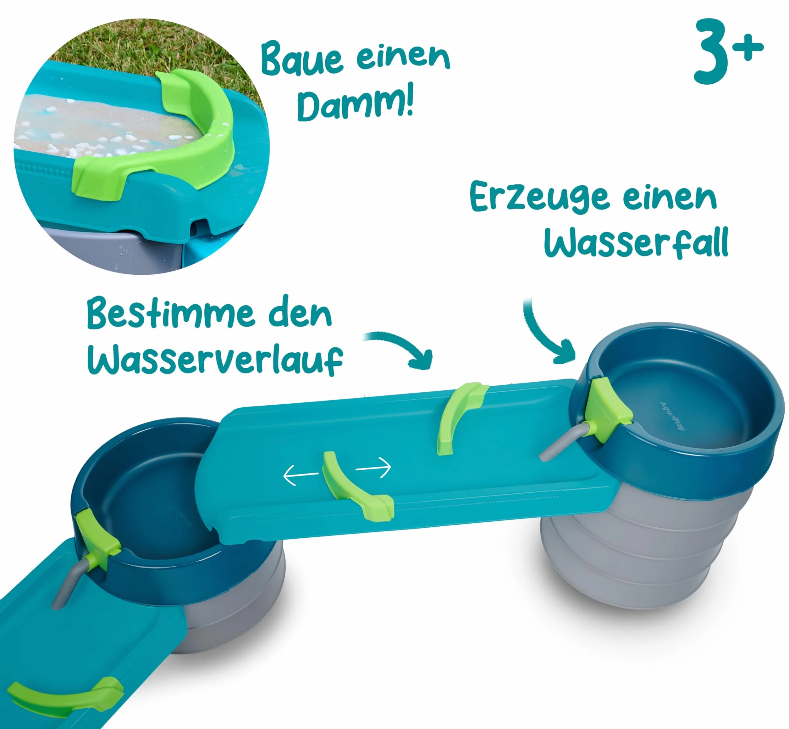 AquaPlay Mudway Flow – połączony tor wodny i piaskowy, 2,3 m tor wodny z zamkami, umywalką i suwakiem, elastyczny system wtykowy, odporny na warunki atmosferyczne, naturalnie połączony tor wodny na
