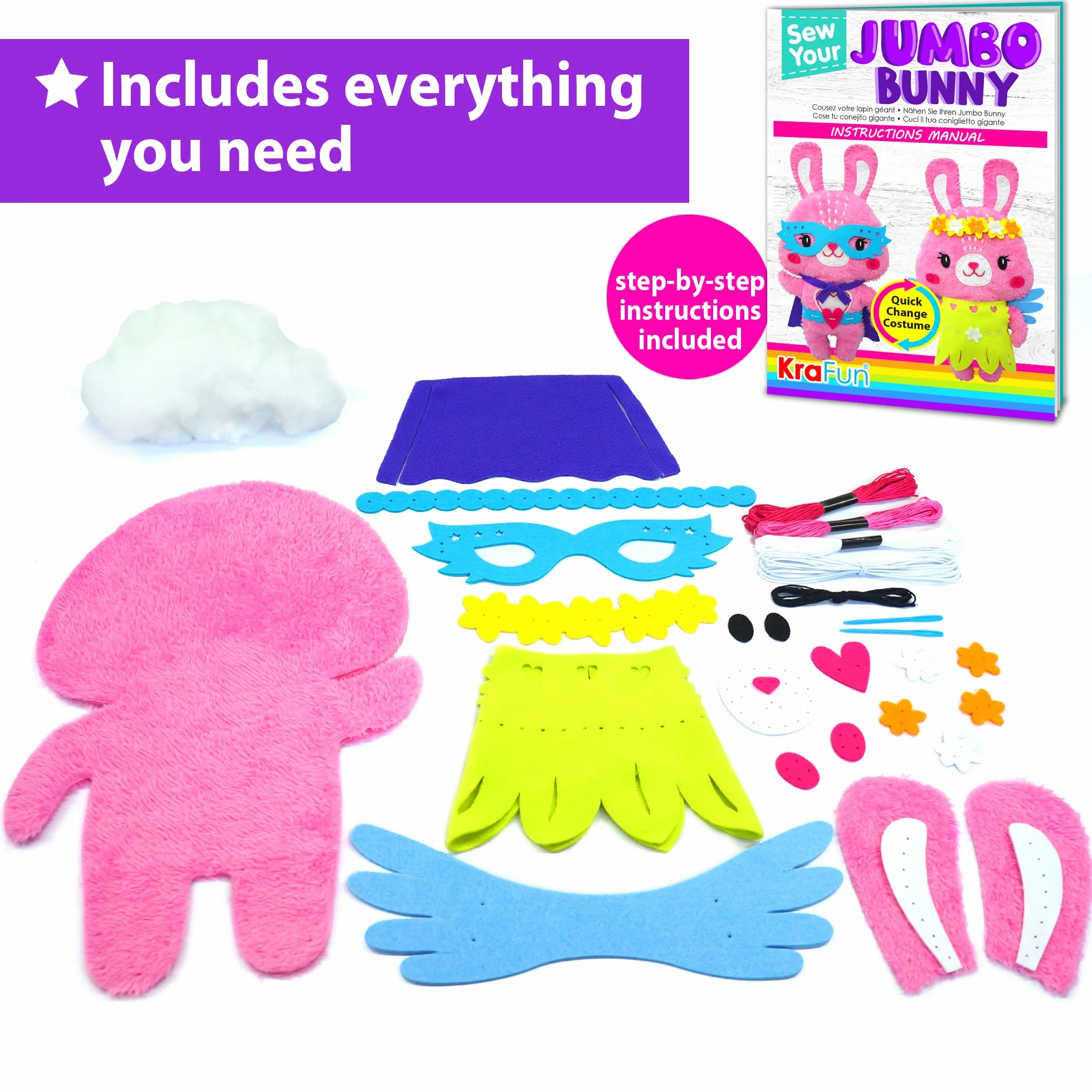 KRAFUN Big Jumbo Bunny Animal Zestaw do szycia dla dzieci Początkujący Moja pierwsza sztuka i rękodzieło, zrób 1 wypchaną lalkę z 2 kostiumami, instrukcjami i pluszowymi materiałami filcowymi