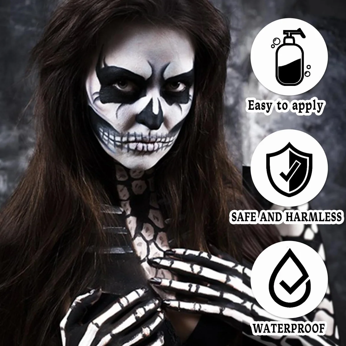 Makijaż na Halloween, 140 g, czarno-biały (70 g na sztukę), z 2 pędzlami + 2 pudrem pudru, farba do twarzy na Halloween, do makijażu teatralnego, szkieletu, zombie, wampira, makijażu karnawałowego