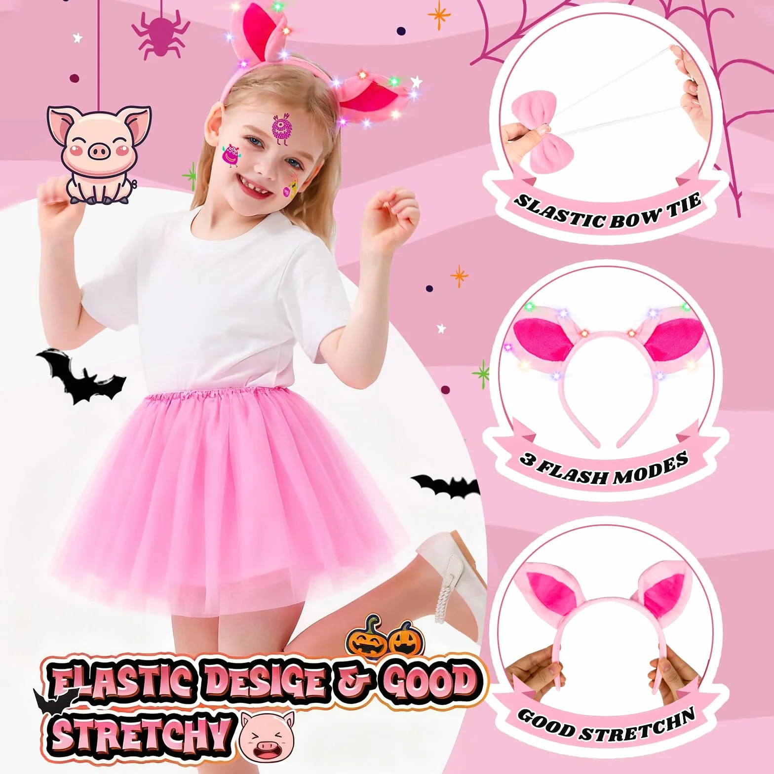 Kostium świnki dla dzieci, zestaw akcesoriów świecących w kształcie świnki, uroczy zestaw akcesoriów LED, przebranie dla dziewczynek, na Halloween, karnawał, imprezy, cosplay