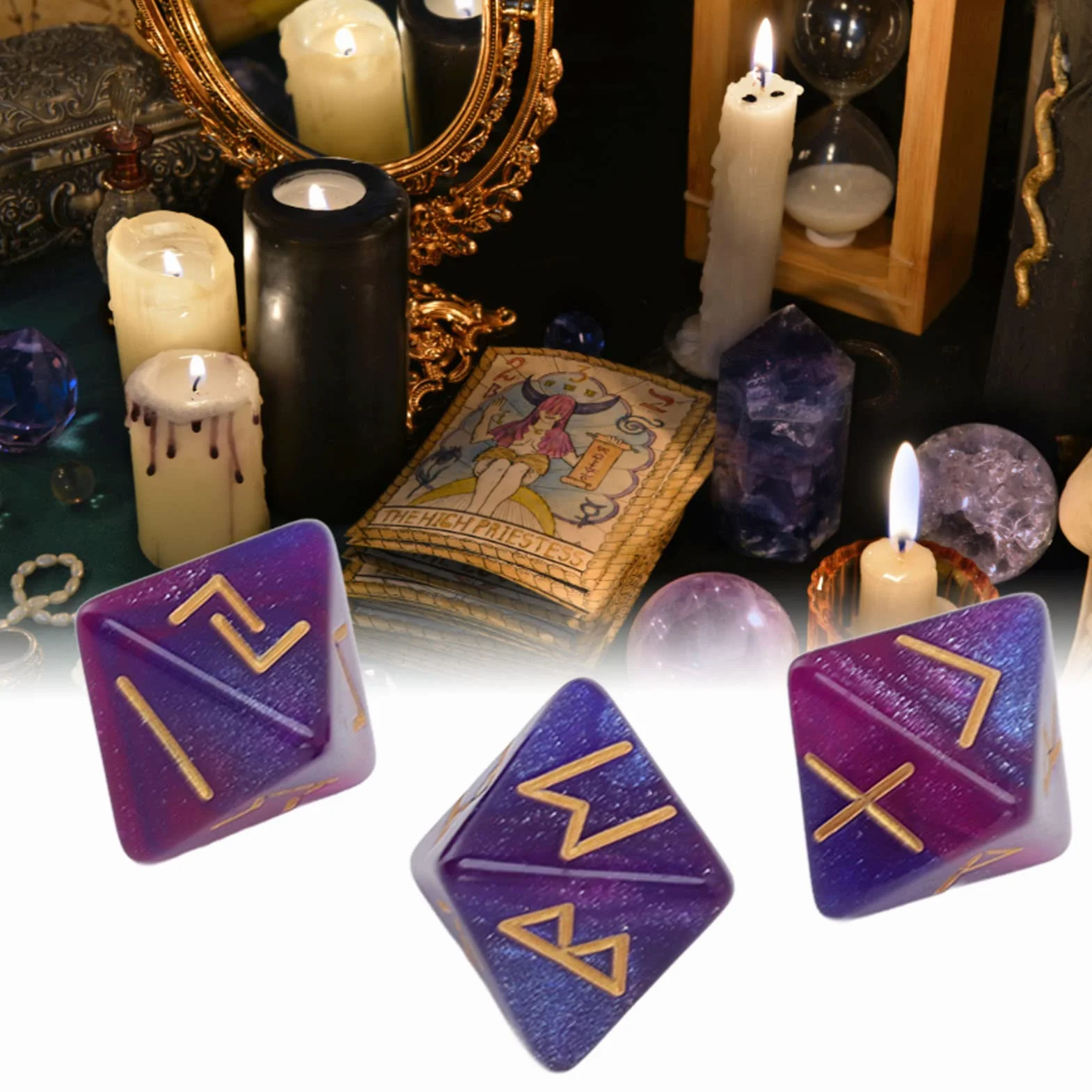 3-częściowy zestaw kostek runicznych, 8-stronne kostki do gier stołowych, gwiaździste niebo, mistyczne, żywe kolory, zestaw kostek do nauki astrologii, do gier stołowych dla dorosłych