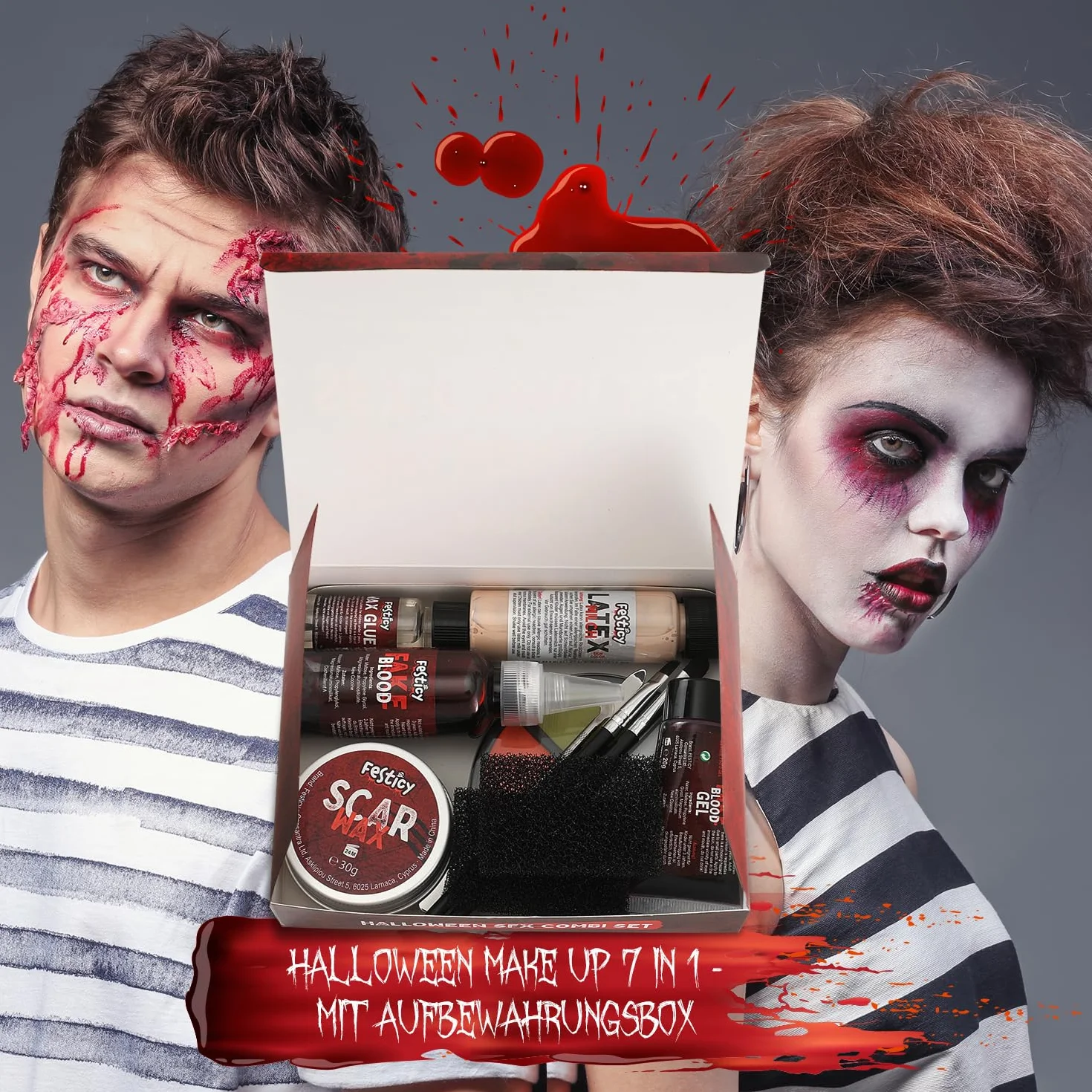 Festicy Specjalny zestaw do makijażu na Halloween, SFX, kompletny zestaw ze sztuczną krwią, lateksem, woskiem do blizn i akcesoriami, sztuczna krew do skóry i ubrań, na Halloween, do przerażających