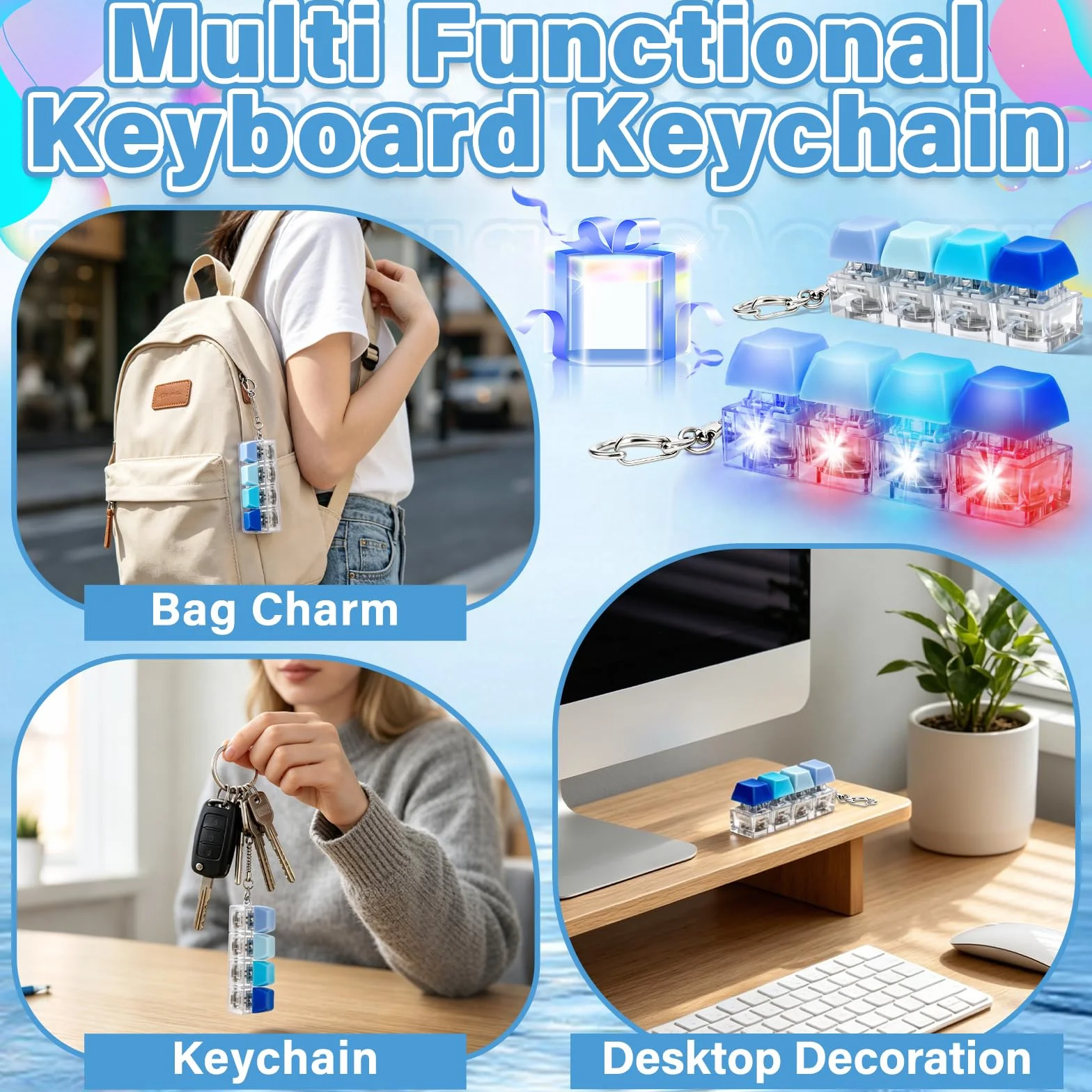 Zabawka Fidget Toys, 2 sztuki, zabawne, kolorowe zabawki fidget dla dorosłych ze światłem LED, klawiatura Fidget Keyboard, breloczek do kluczy, antystresowe, zabawka do strachu, biura, szkoły, podróży