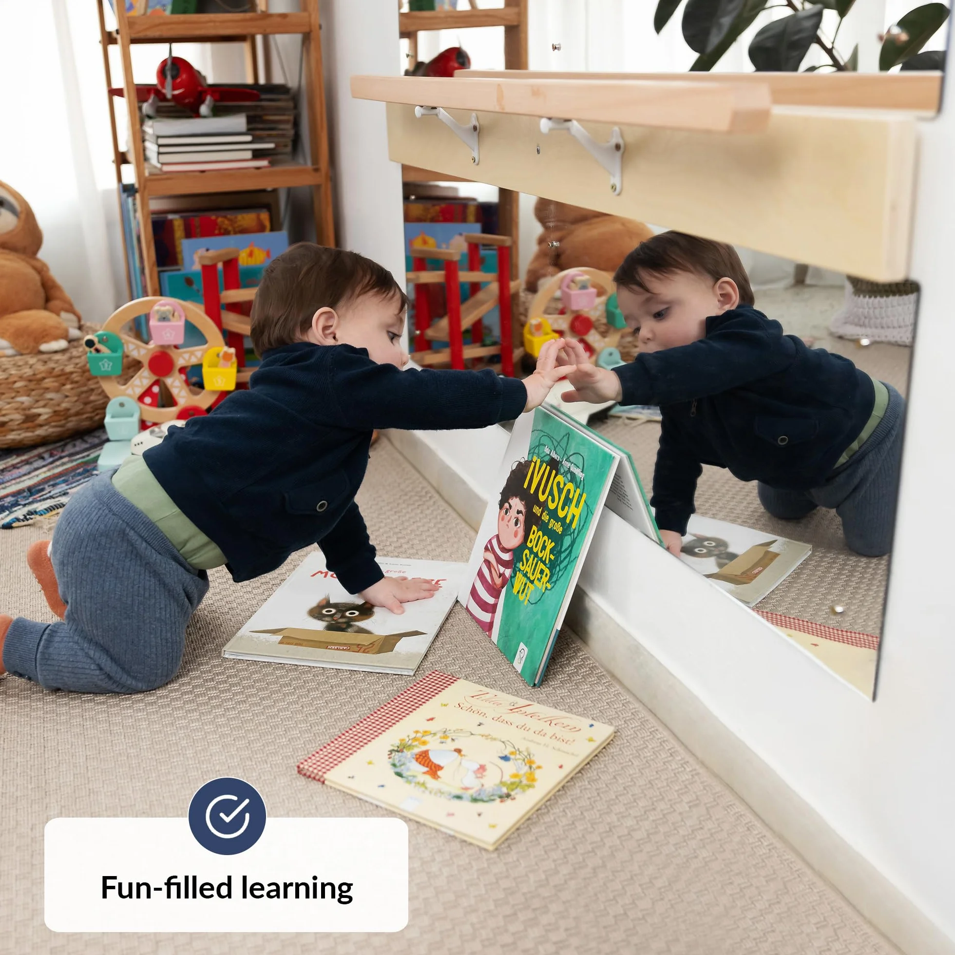 Lustro Montessori Z Drążkiem Dla Maluchów | Drążek Montessori Do Podciągania Dla Nauki Stania I Lustro Na Ścianę Dla Dzieci Z Drążkiem | Drewniany Drążek Równoważny, Rozwoju Motorycznego
