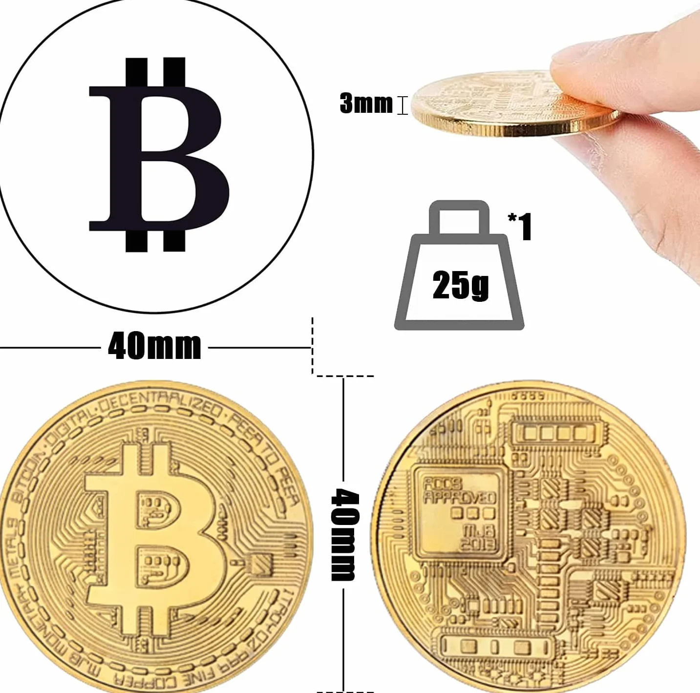 Bitcoin moneta pamiątkowa złocona stop kolekcjonerska prezent 3 opakowania