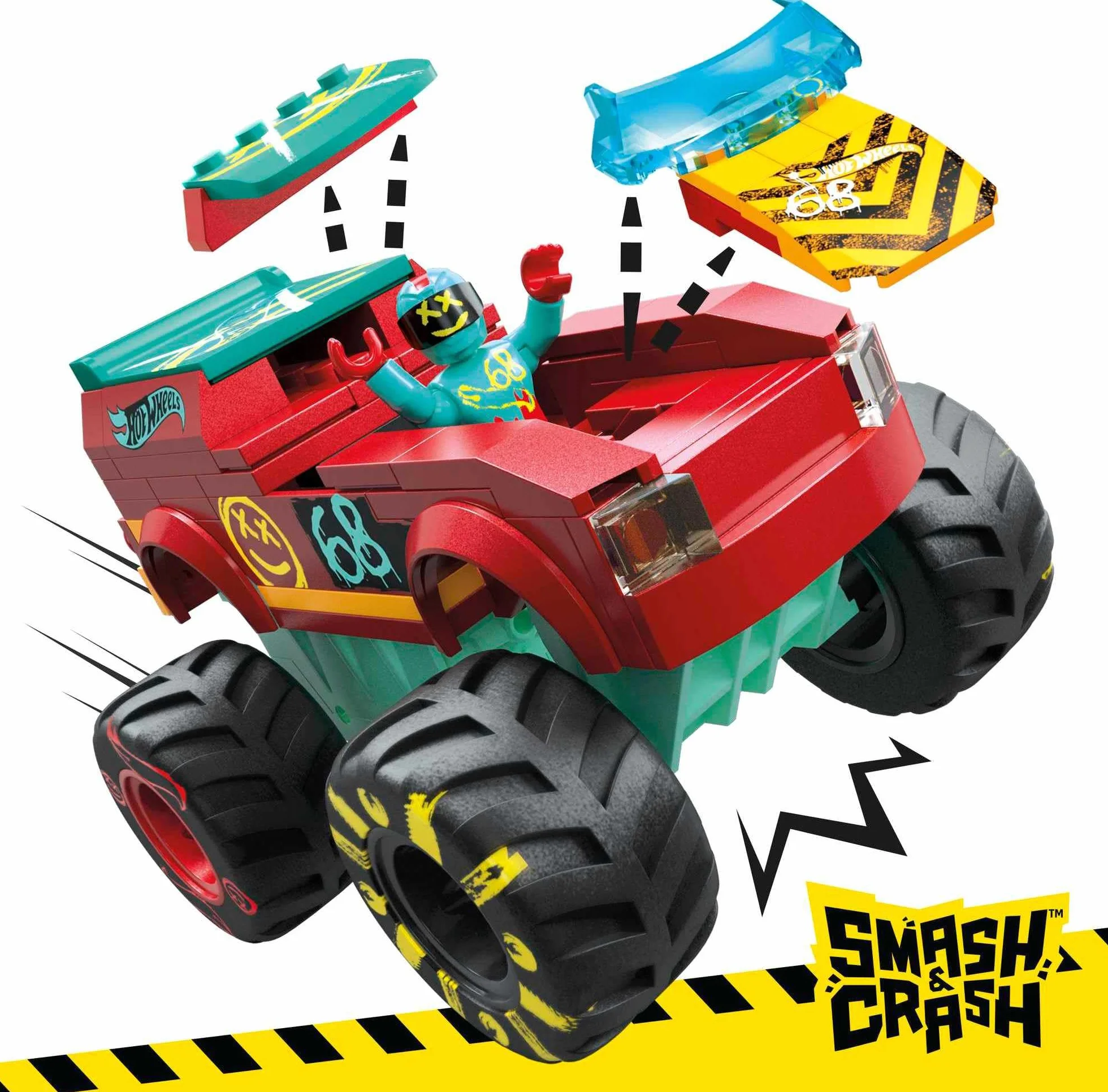 MEGA Hot Wheels Monster Trucks Demo Derby Ekstremalna sztuczka Zestaw konstrukcyjny zawierający 151 elementów i 1 mikrofigurkę, czerwony pojazd, pomysły na prezent dla dzieci, HNG53