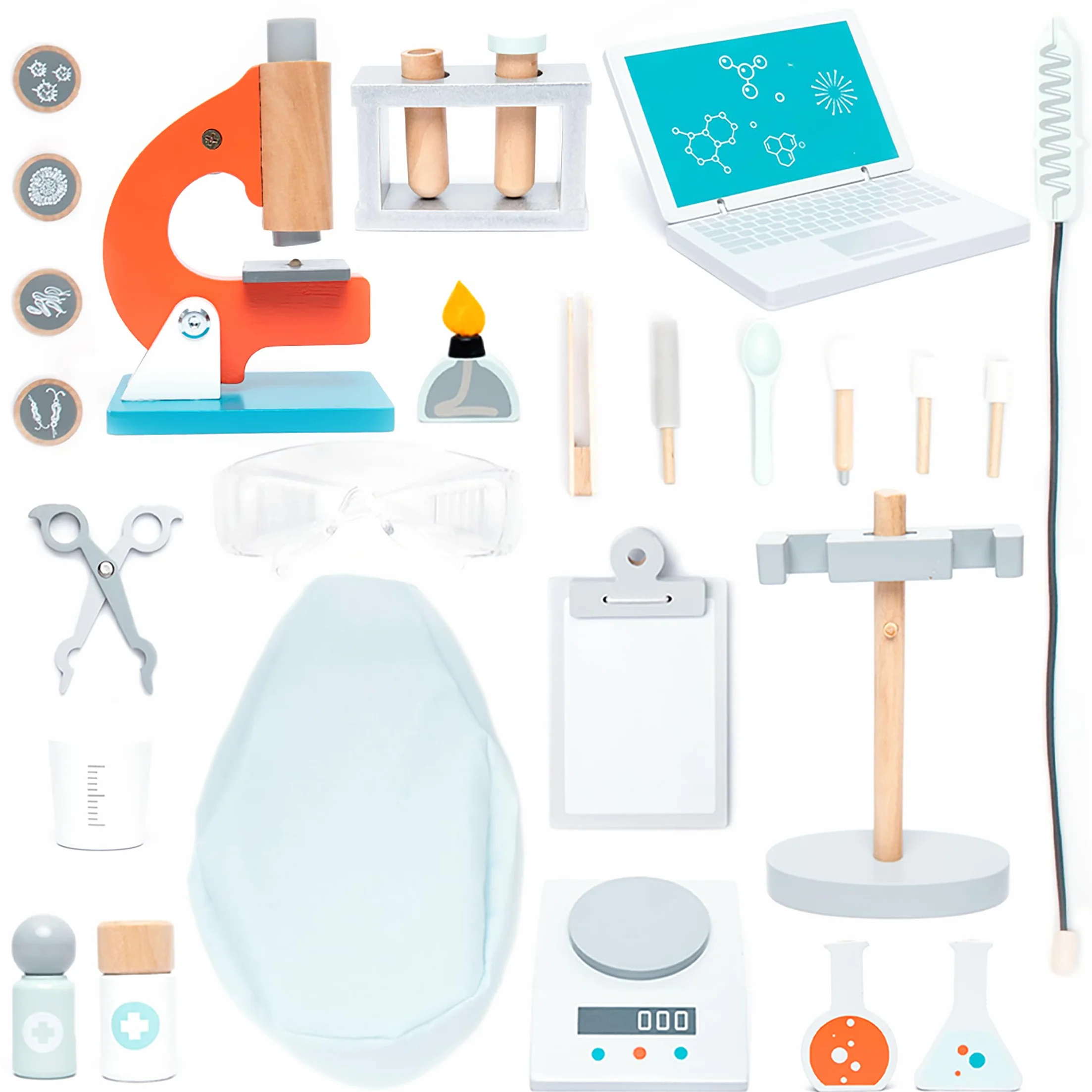 UMU® Drewniane laboratorium naukowe dla dzieci, zestaw do zabawy z mikroskopem, probówkami i innymi, zabawka lekarska do odgrywania ról, zestaw 29 szt. dla dziewczynek i chłopców w wieku 3, 4, 5 lat
