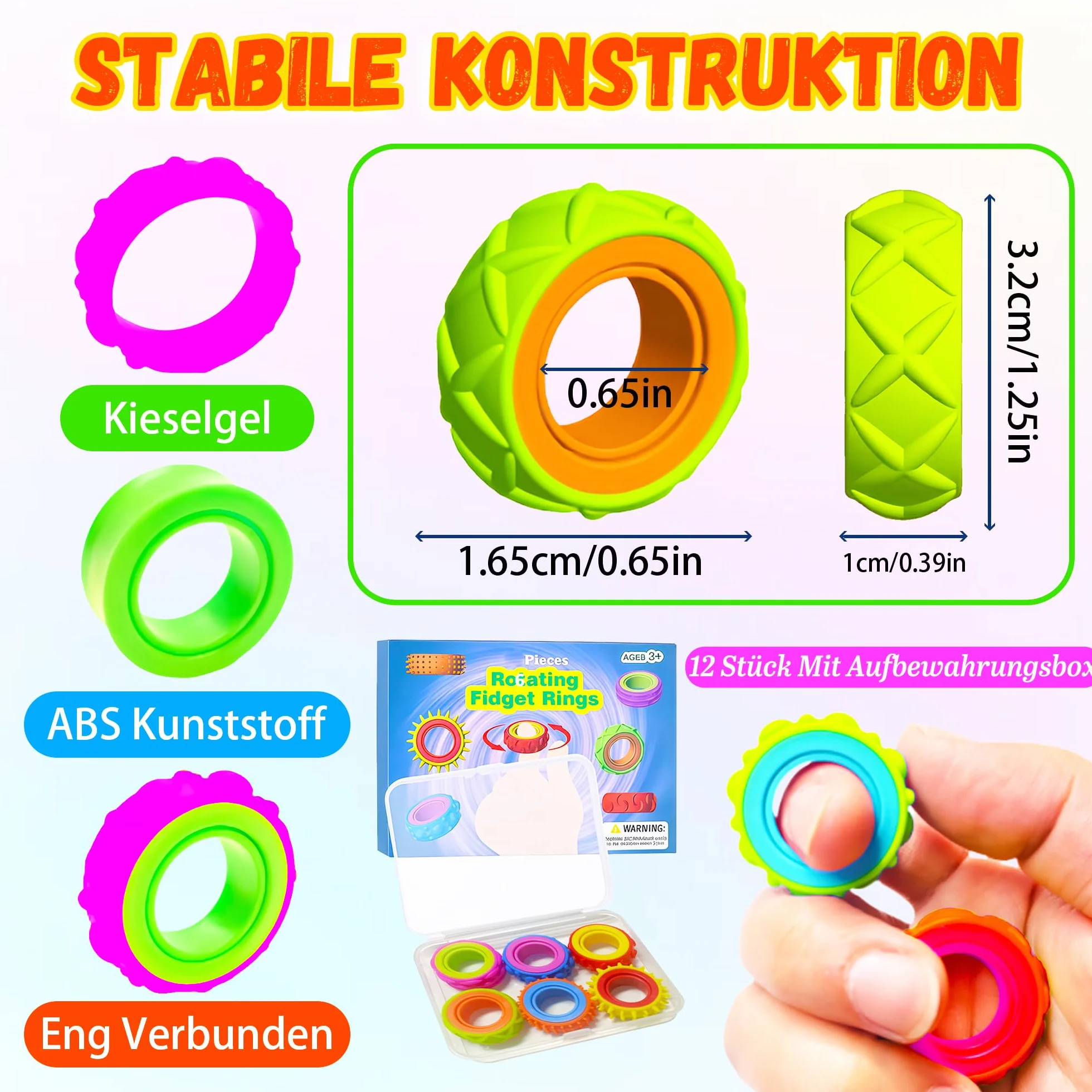 Zestaw 12 zabawek Fidget Ring dla dzieci i dorosłych, silikonowe pierścienie antystresowe, Fidget Spinner do pomocy przy ADHD, do akupresury, zabawki autystyczne, pierścienie do masażu palców