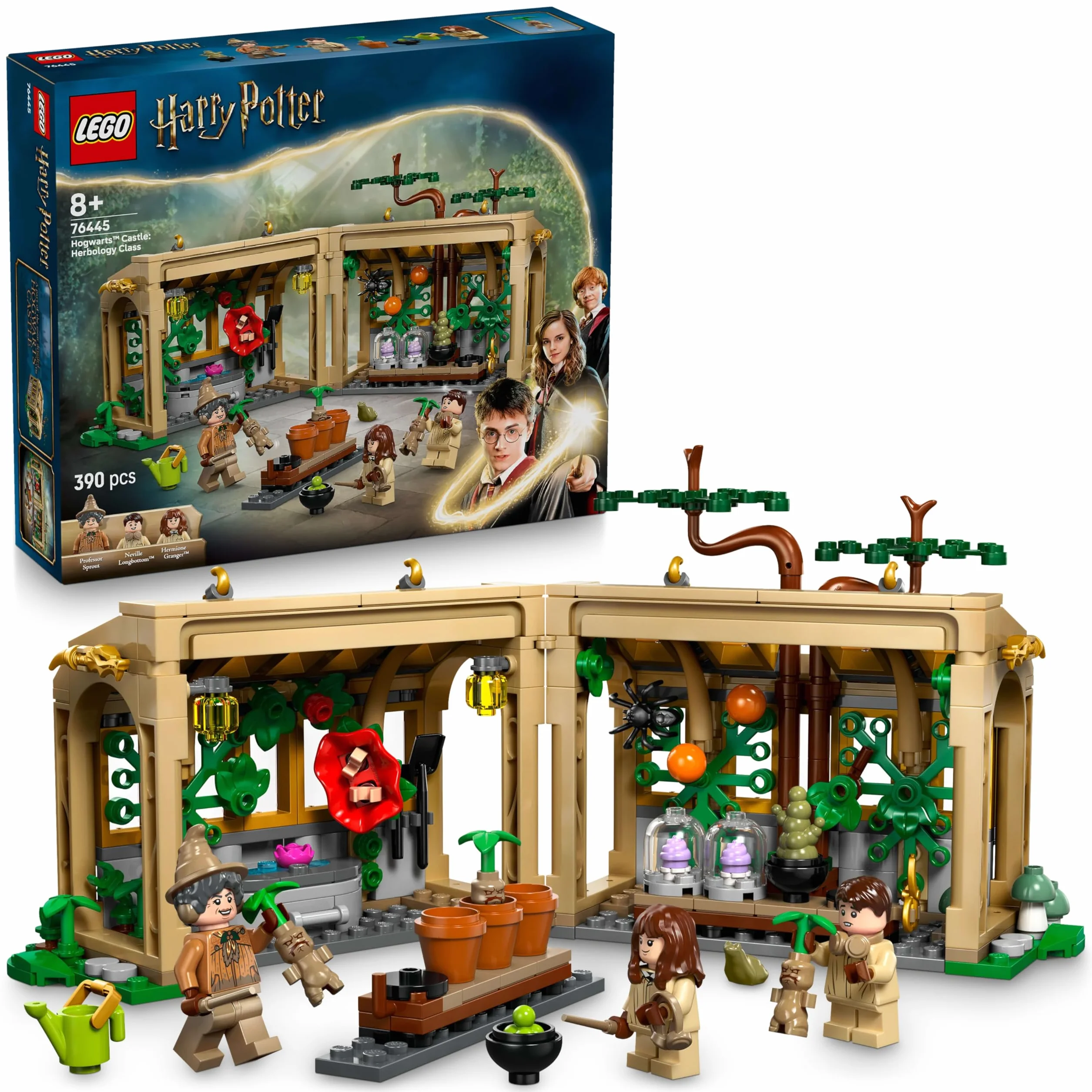 LEGO Harry Potter Zamek Hogwart: zajęcia z zielarstwa, prezent dla 8-latka, chłopca i dziewczynki, zabawka konstrukcyjna dla dziecka z trzema minifigurkami i mandragorą, zestaw modułowy 76445