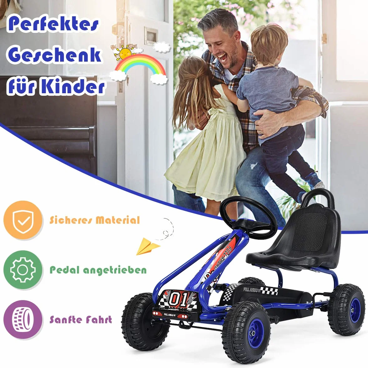 COSTWAY Gokart z regulowanym siedziskiem, Go Cart z hamulcem ręcznym, samochód na pedały, obciążenie do 30 kg, pedały, pojazd pedałowy, pojazd dla dzieci w wieku 3-6 lat (niebieski)