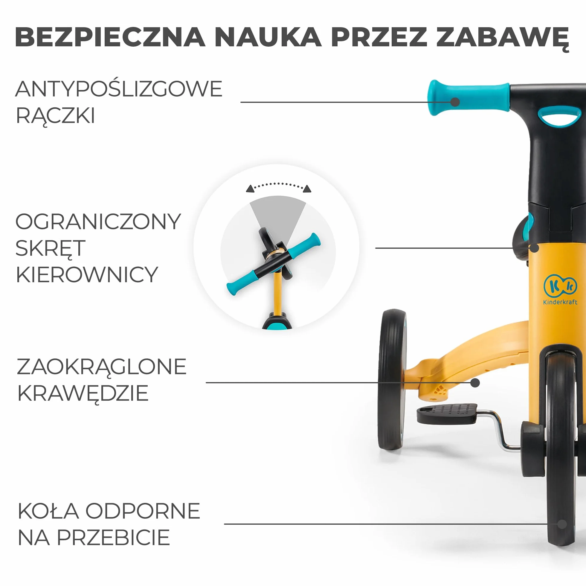 Kinderkraft Trójkołowiec 3w1 4TRIKE, Rowerek biegowy, Pchacz, Wielofunkcyjny, Bezpieczny, Regulowane siodełko, Żółty