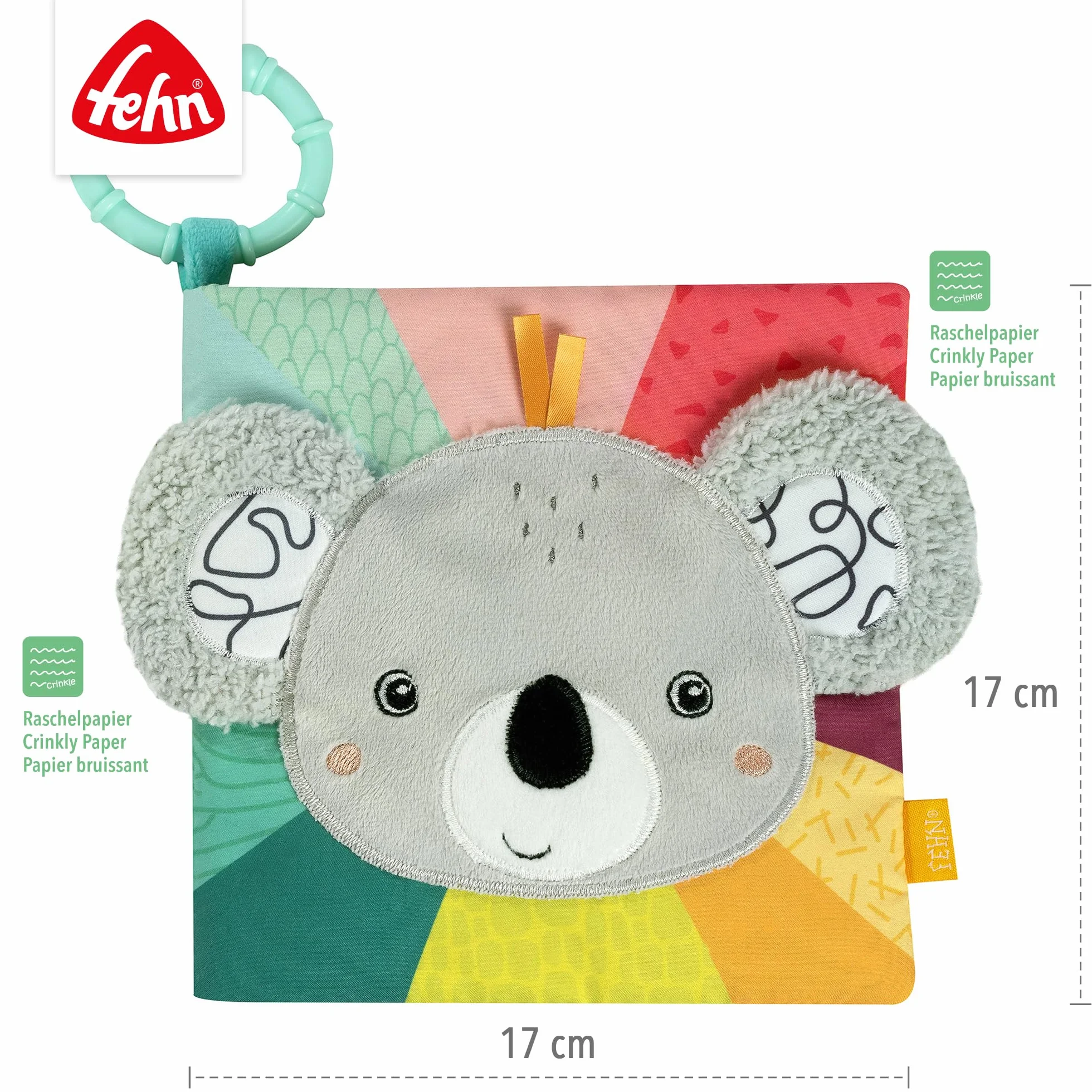Fehn Stoffbuch Koala – Baby Fühlbuch aus Stoff mit Tier-Motiven: Knisterbuch zum Fühlen, Greifen und Staunen – zum Aufhängen für Kinderwagen und Babyschale – für Babys und Kleinkinder ab 3+ Monaten
