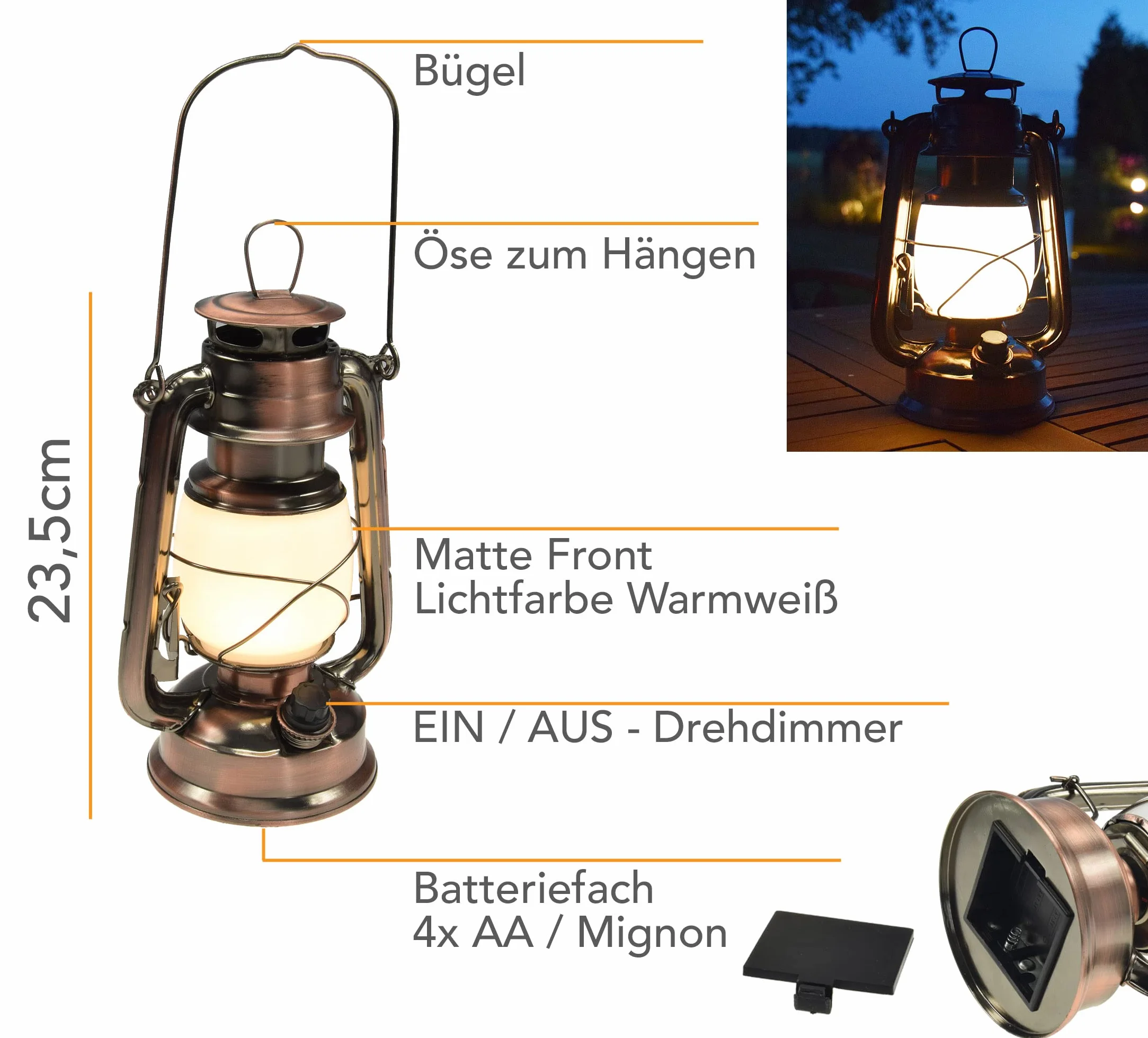 Chilitec Lampion Kempingowy Led, Miedź, Ciepła Biel/Miedziany