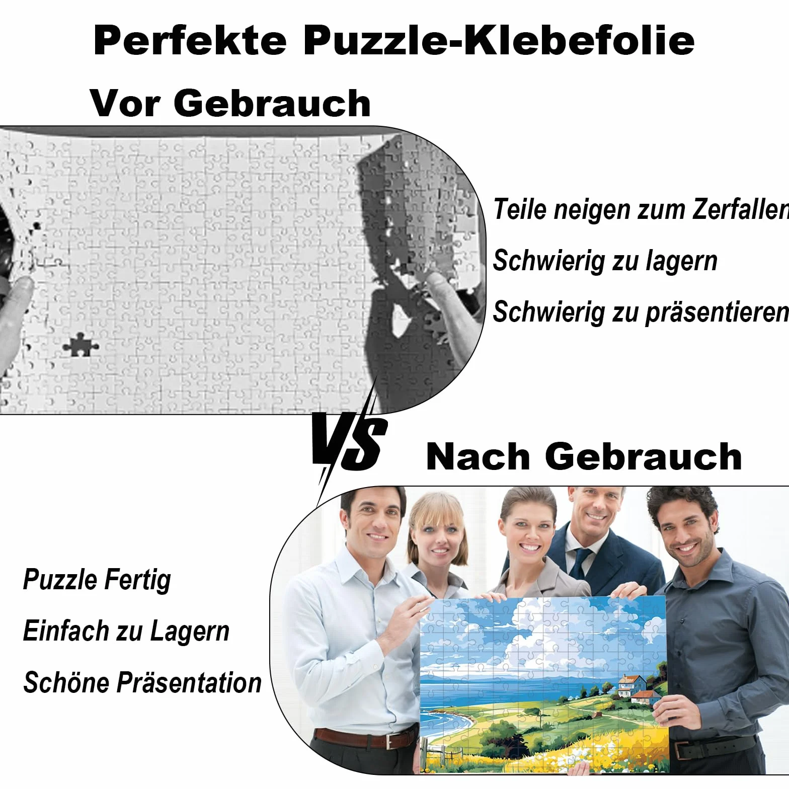 Faburo Puzzle folia samoprzylepna, 32 sztuki, super klej do puzzli, 4 x 1000 elementów / 8 x 500 części, 20 x 29 cm, folia samoprzylepna przezroczysta dla dzieci i dorosłych, do puzzli, przezroczysta