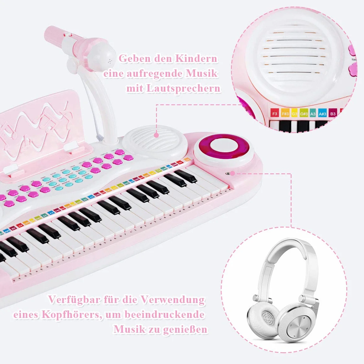 COSTWAY 37 klawiszy, klawiatura fortepianowa ze światłem, klawiatura dziecięca ze statywem, zabawka fortepianowa, elektroniczny instrument muzyczny z funkcją nagrywania i gry, w zestawie mikrofon