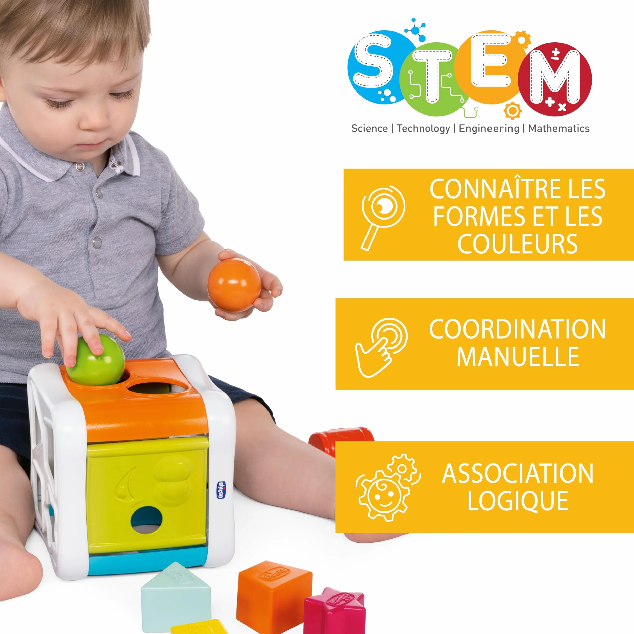 Chicco Przebijanka i Sorter 2w1, Gra Edukacyjna dla dzieci 10 miesięcy, 3 lata, z 4 Geometrycznymi Kształtami, 2 Kulami i Zabawkowym Młotkiem, Wielofunkcyjna