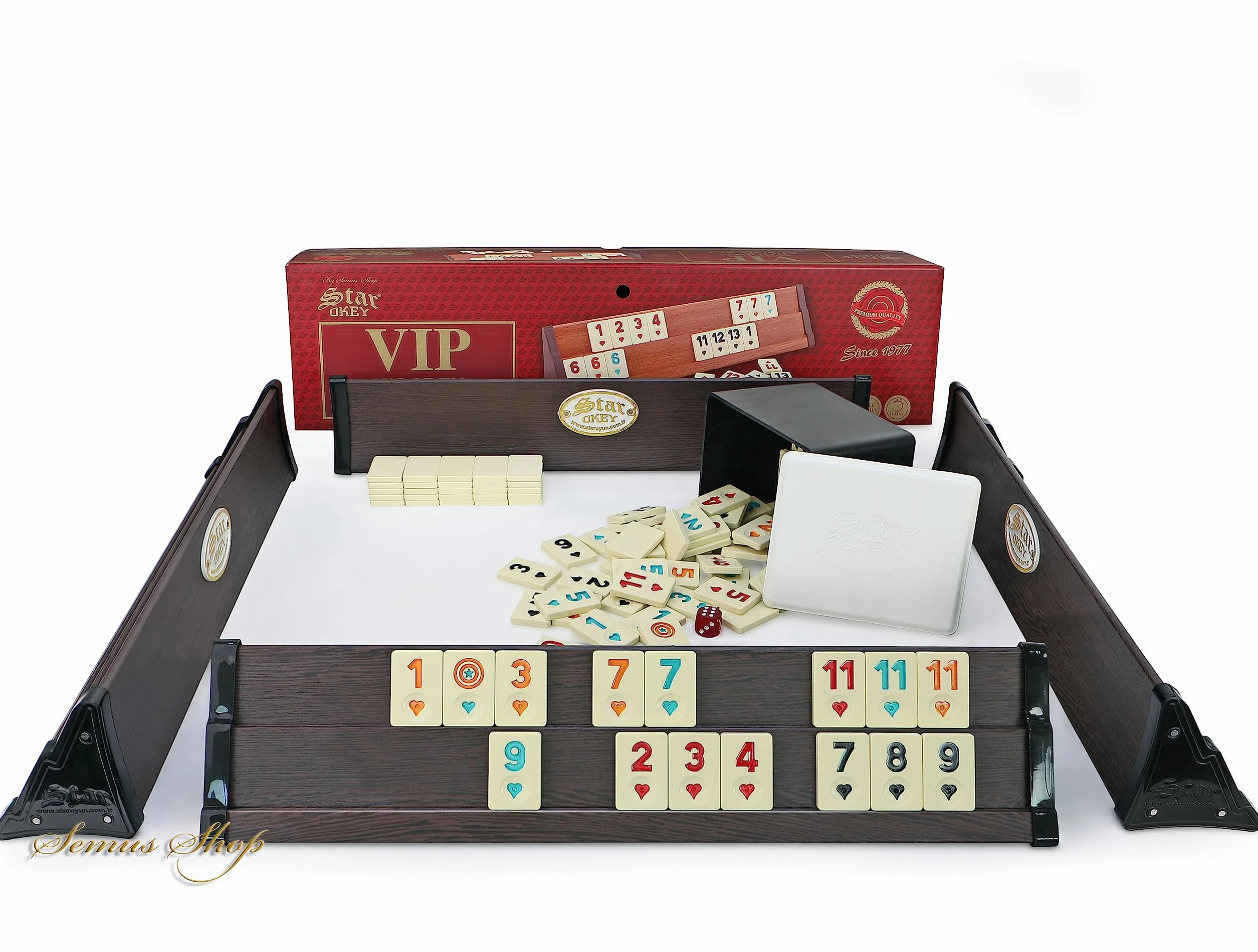 VIP Drewniany zestaw rummy Okey z kamieniami melaminowymi AHSAP Okey TAKIMI z długopisem Semus (brązowy)